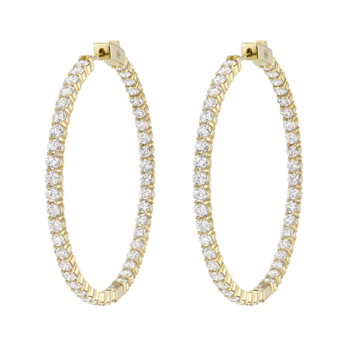 The Diamond Aspen Hoops are a pair of large gold hoop earrings adorned with round white diamonds along the front and inner edge, showcased on a white background.