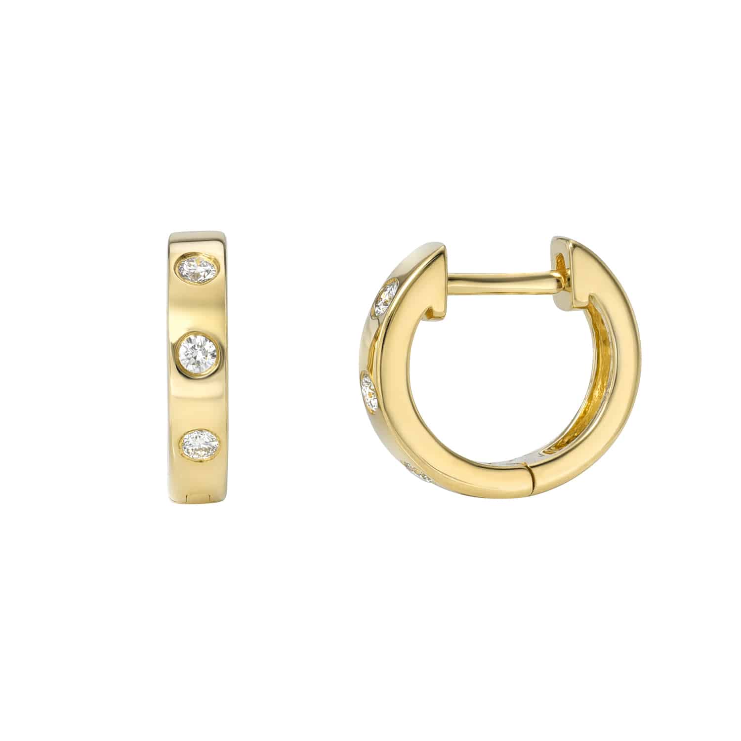 Two Diamond Avery Huggies from janethellerfinejewelry are set against a white background, each adorned with three round white gemstones. One is shown in profile, and the other showcases a front view for possible customizations.