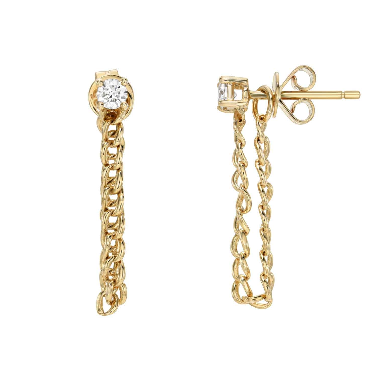 Diamond Chain Jacket Studs feature a single round diamond at the top and a delicate gold chain that elegantly dangles below, exemplifying the exquisite craftsmanship of Janet Heller Fine Jewelry. One earring is displayed from the front, the other from the side—an elegant addition to any fine jewelry collection.