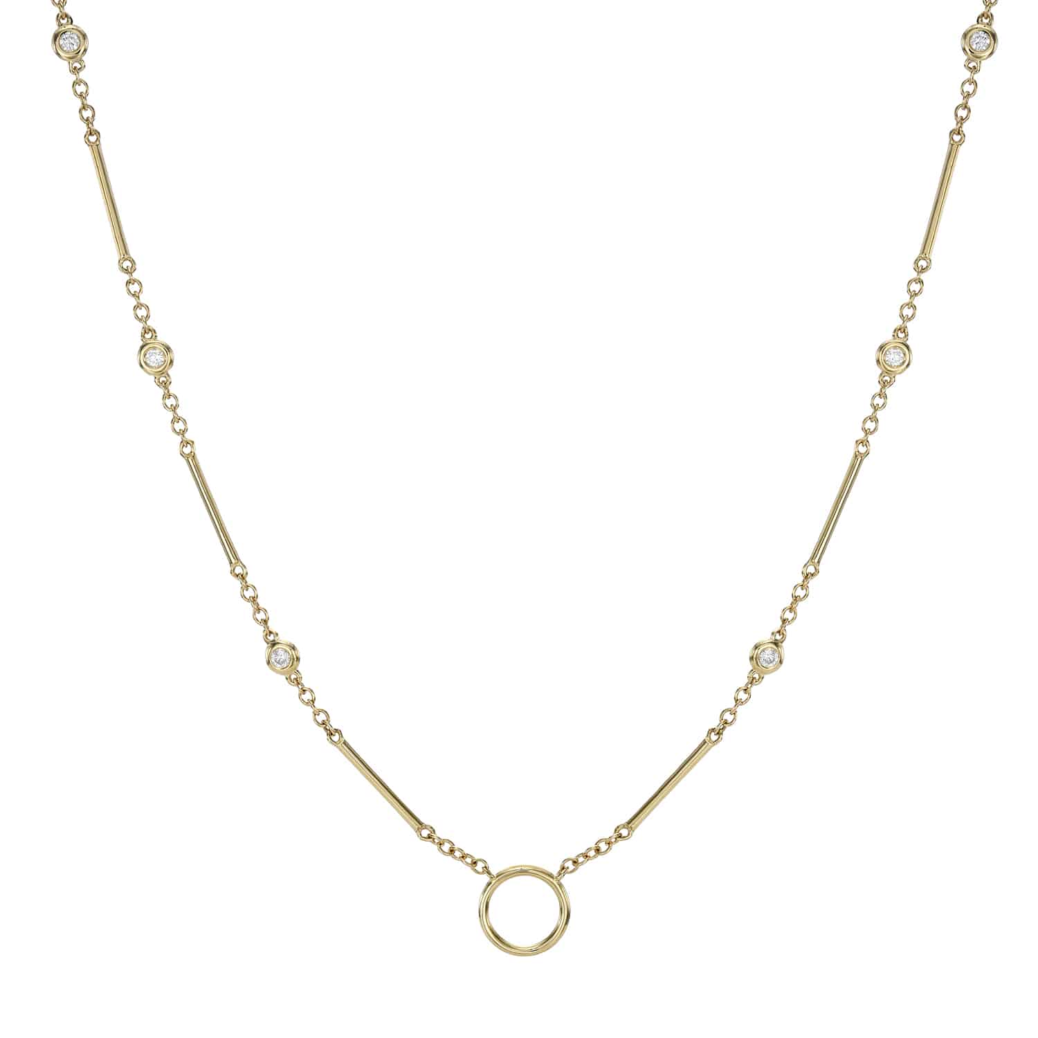 Experience the elegance of Janet Heller Fine Jewelry with the Diamond Charm Holder Joelle Necklace. This gold piece features a central circular pendant, a chain of thin gold rods, and small round white gemstones linked by delicate chains, exuding timeless sophistication.