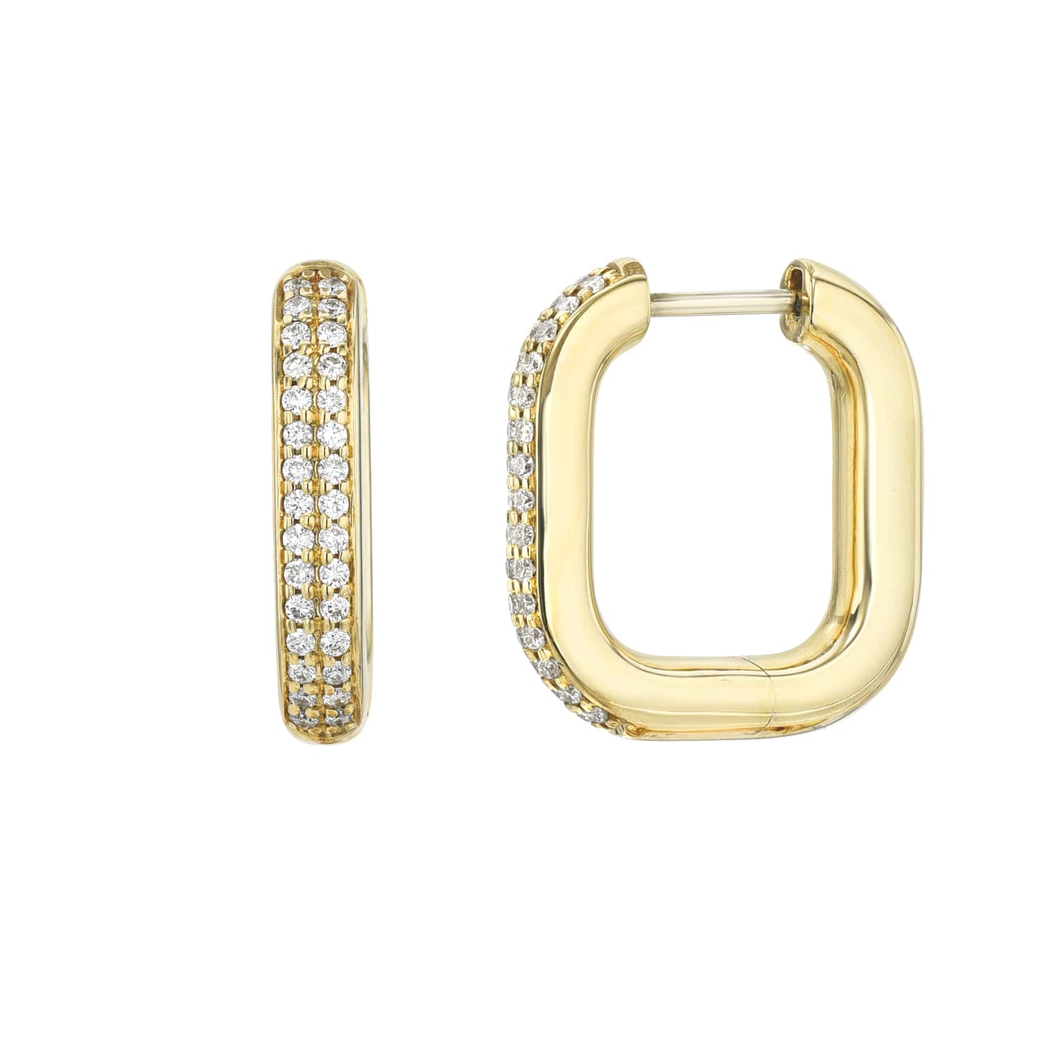 The Diamond Chunky Square Hoops are gold earrings featuring a rectangular design, each with three rows of small diamonds along the edges; one hoop is displayed side-on and the other front-facing.