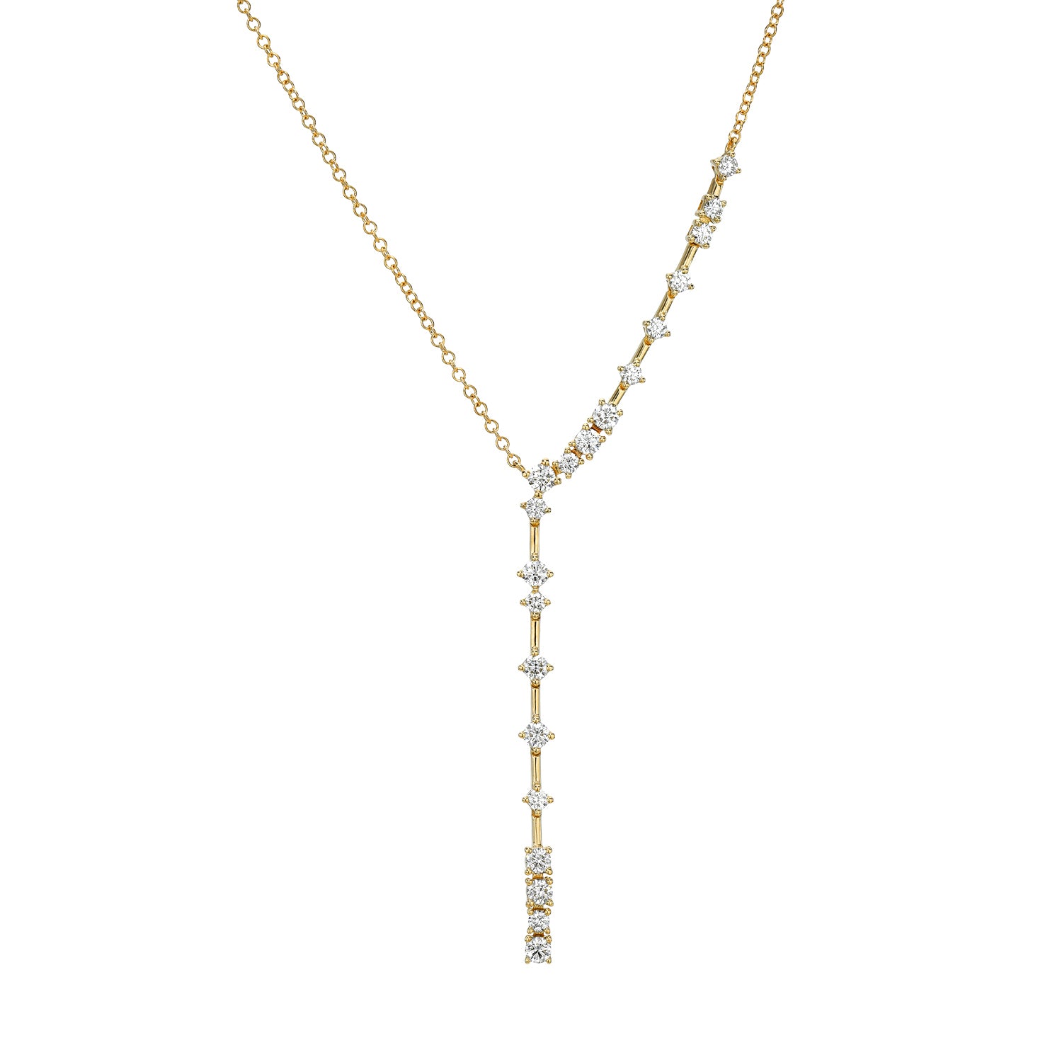 The Diamond Constellation Lariat Necklace from Janet Heller Fine Jewelry features an elegant Y-shape with a linked chain adorned with sparkling, evenly spaced diamonds that extend into a vertical line for a sophisticated and balanced look.