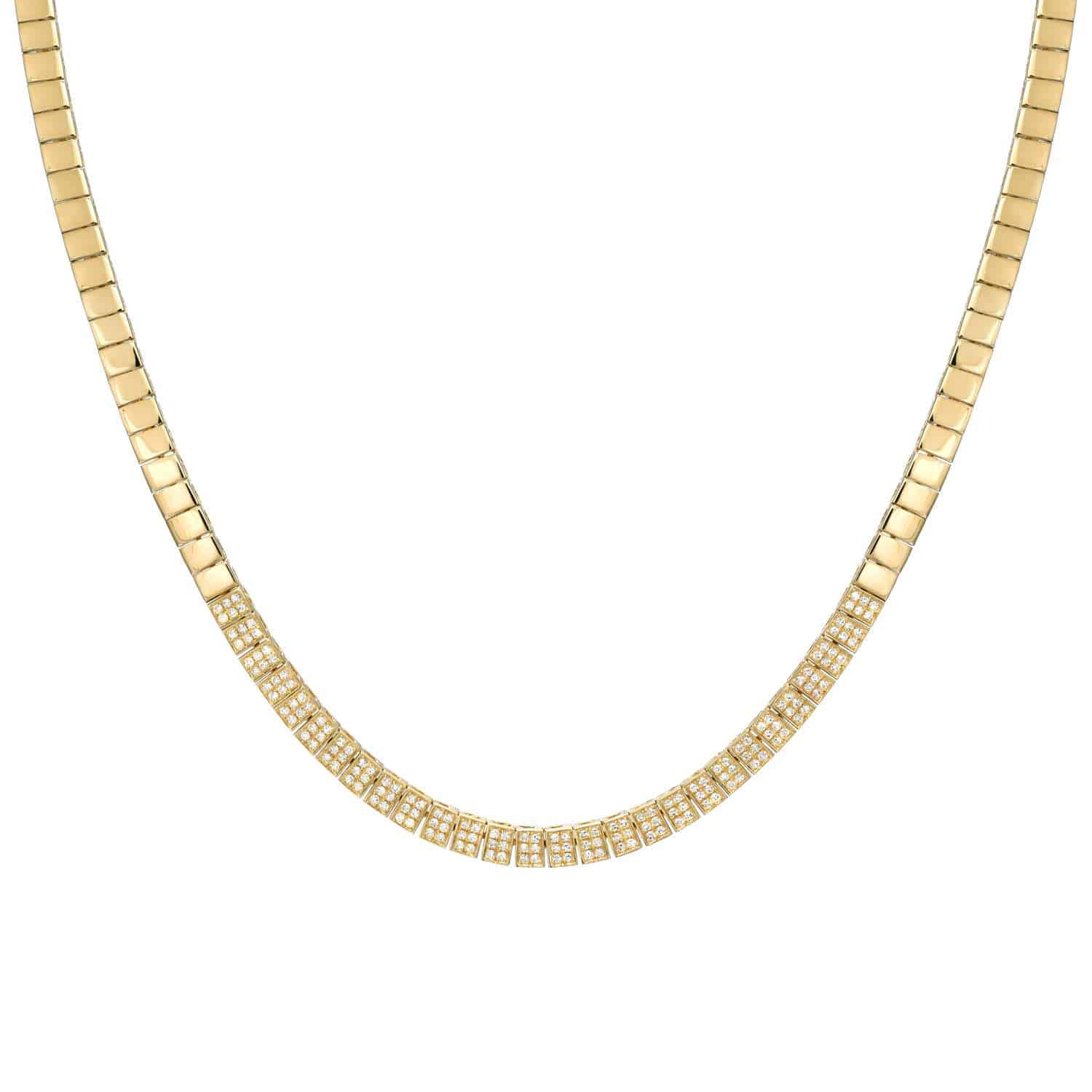 The Diamond Cubes Necklace showcases a gold necklace with a sleek square-linked chain and central diamond inlays, combining elegance and sophistication into an exquisite piece of fine jewelry.