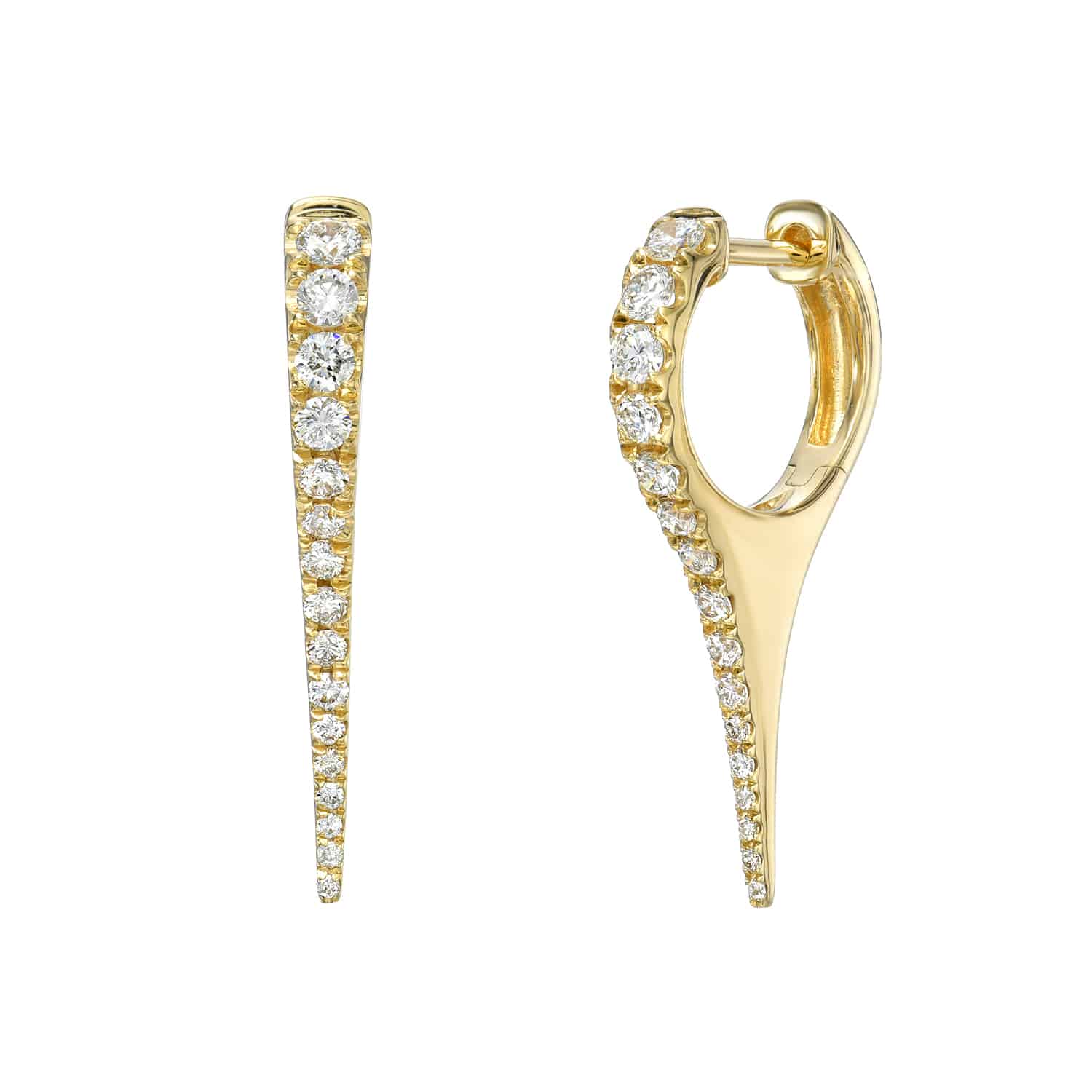 Explore our Diamond Dagger Earrings, a fine jewelry collection with sleek gold hoops. Adorned with a row of sparkling diamonds that gradually increase in size, these earrings offer personalized customizations. Contact us for more details.