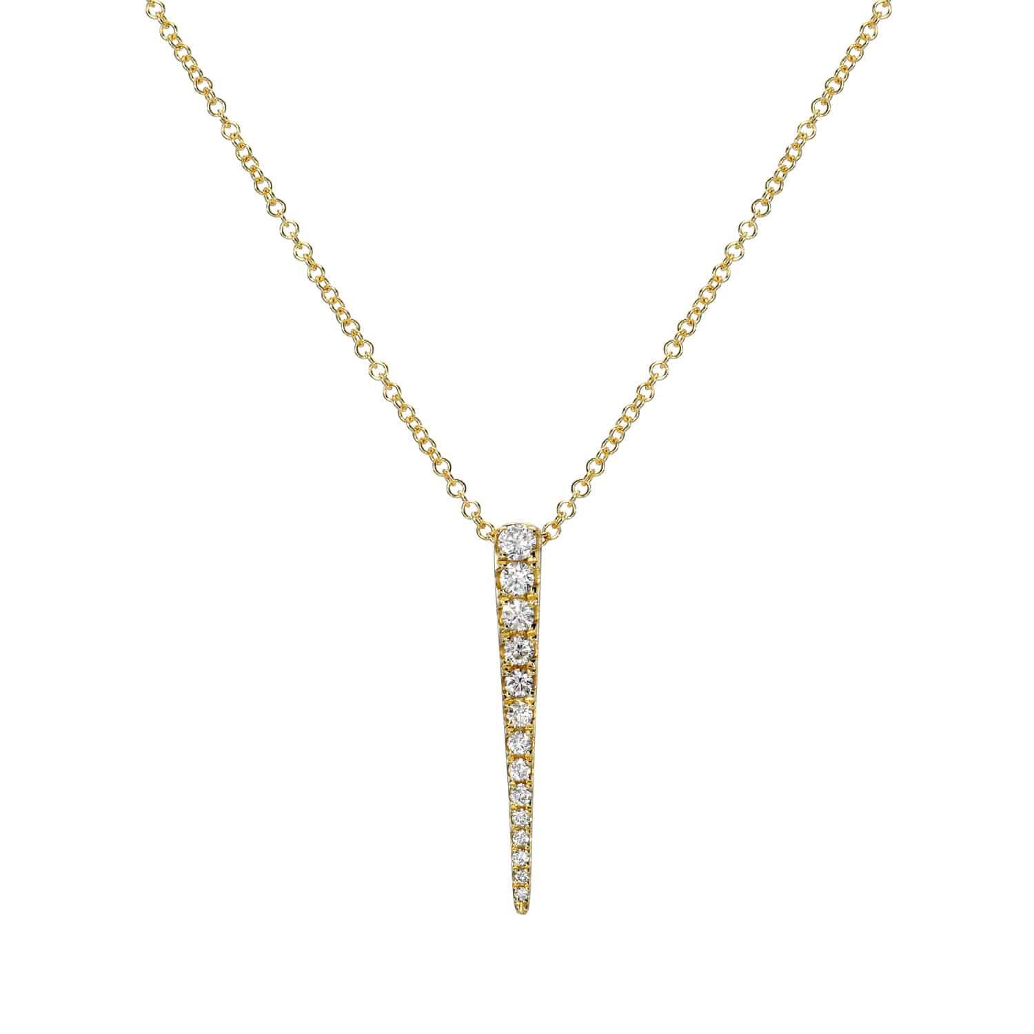 The Diamond Dagger Necklace from Janet Heller Fine Jewelry is crafted in 14KT gold and features small round diamonds on an adjustable chain.  The necklace can be worn alone or layered with other chains.