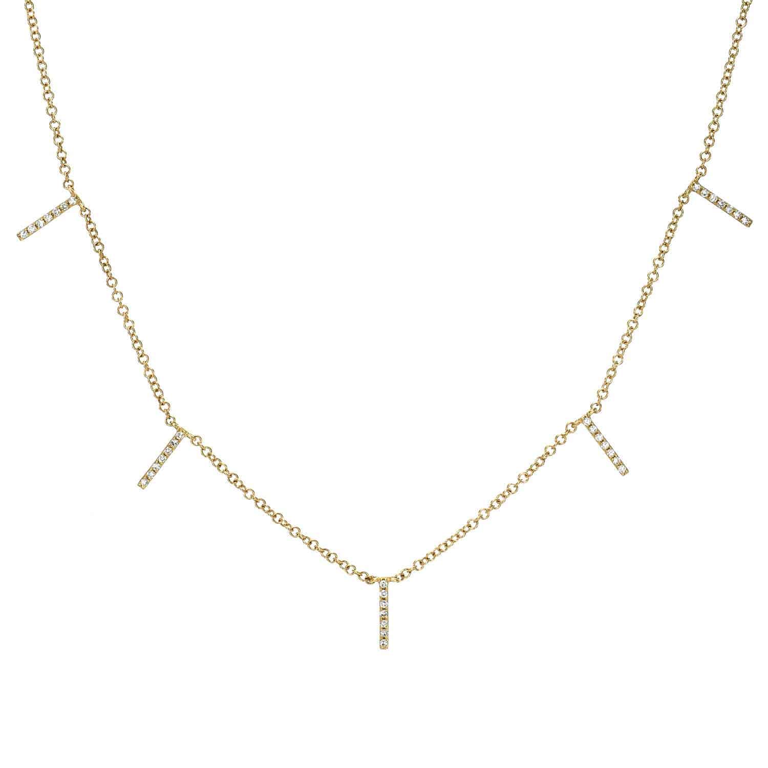 The Diamond Dangle Bar Necklace by Janet Heller Fine Jewelry is a delicate gold chain adorned with five diamond-studded vertical bars, combining simplicity and elegance. Contact us for inquiries or customizations.