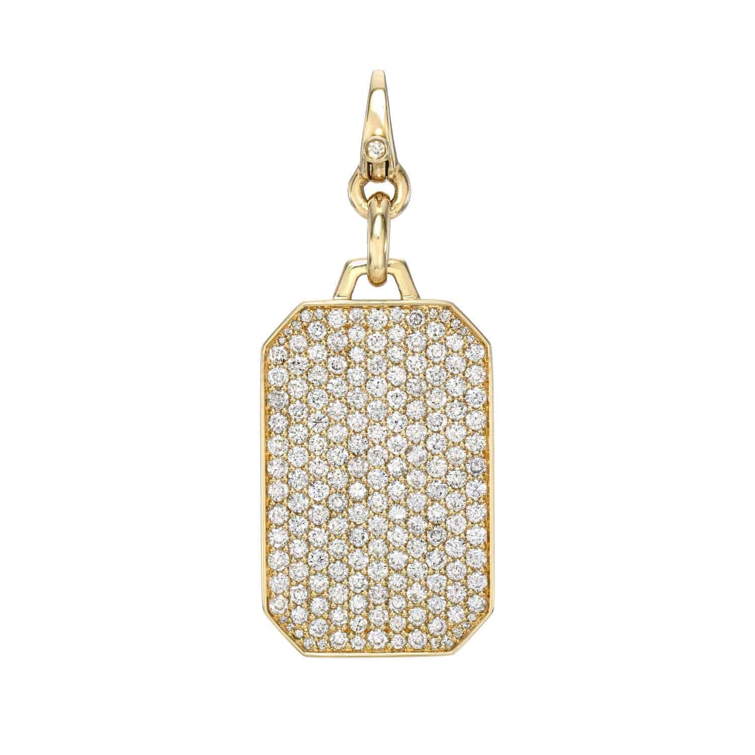 The Diamond Dog Tag Charm from Janet Heller Fine Jewelry is a gold rectangular pendant adorned with small diamonds, featuring a beveled border and a clasp for easy attachment to chains. Its elegant design captures light beautifully, enhancing any jewelry collection.