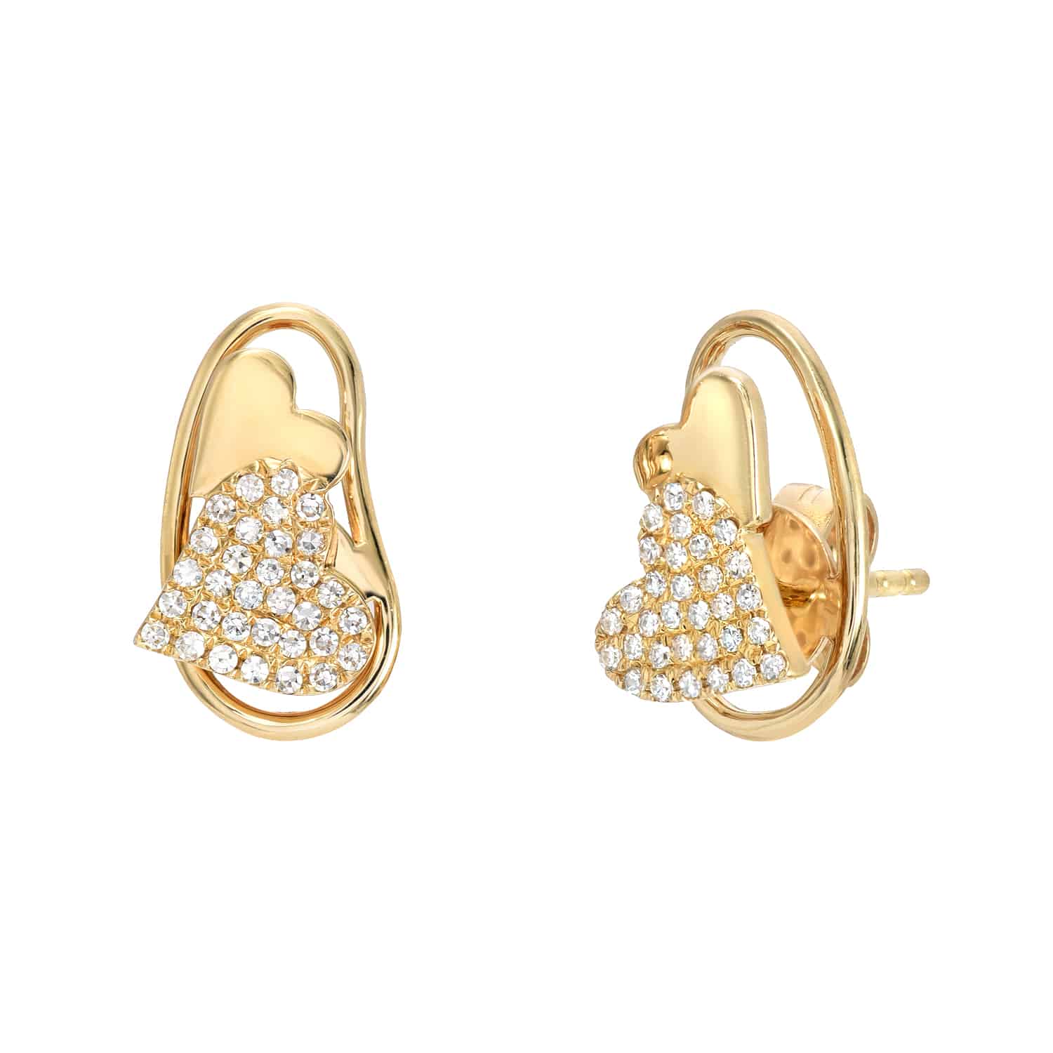 Diamond Double Heart Studs from Janet Heller Fine Jewelry showcase intertwined hearts—one in plain gold, the other adorned with white crystals. Each earring features a secure post fastening, offering an elegant and romantic design perfect for any occasion.