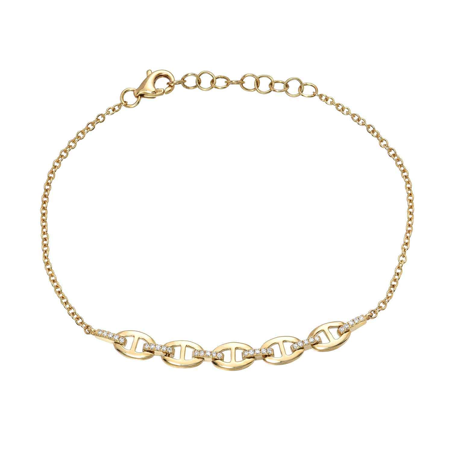 The Diamond Eloise Bracelet by Janet Heller Fine Jewelry showcases interlocking oval links adorned with sparkling stones and an adjustable length, thanks to extra chain links, secured with a lobster claw clasp for perfect wearability.