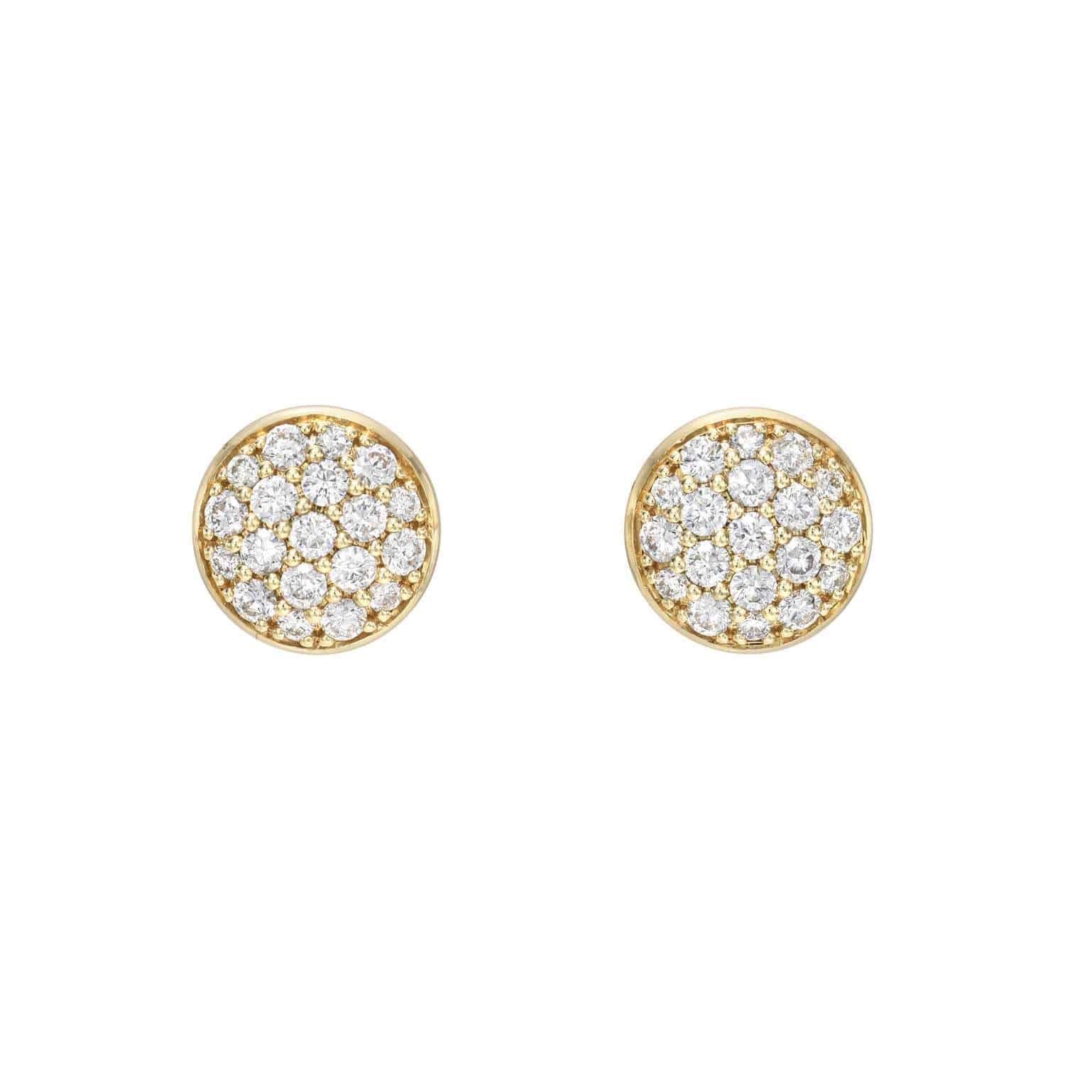 The Diamond Elsie Studs are circular earrings featuring gold settings with small sparkling white gemstones in a clustered pattern, exemplifying exquisite craftsmanship and offering subtle personal customizations.