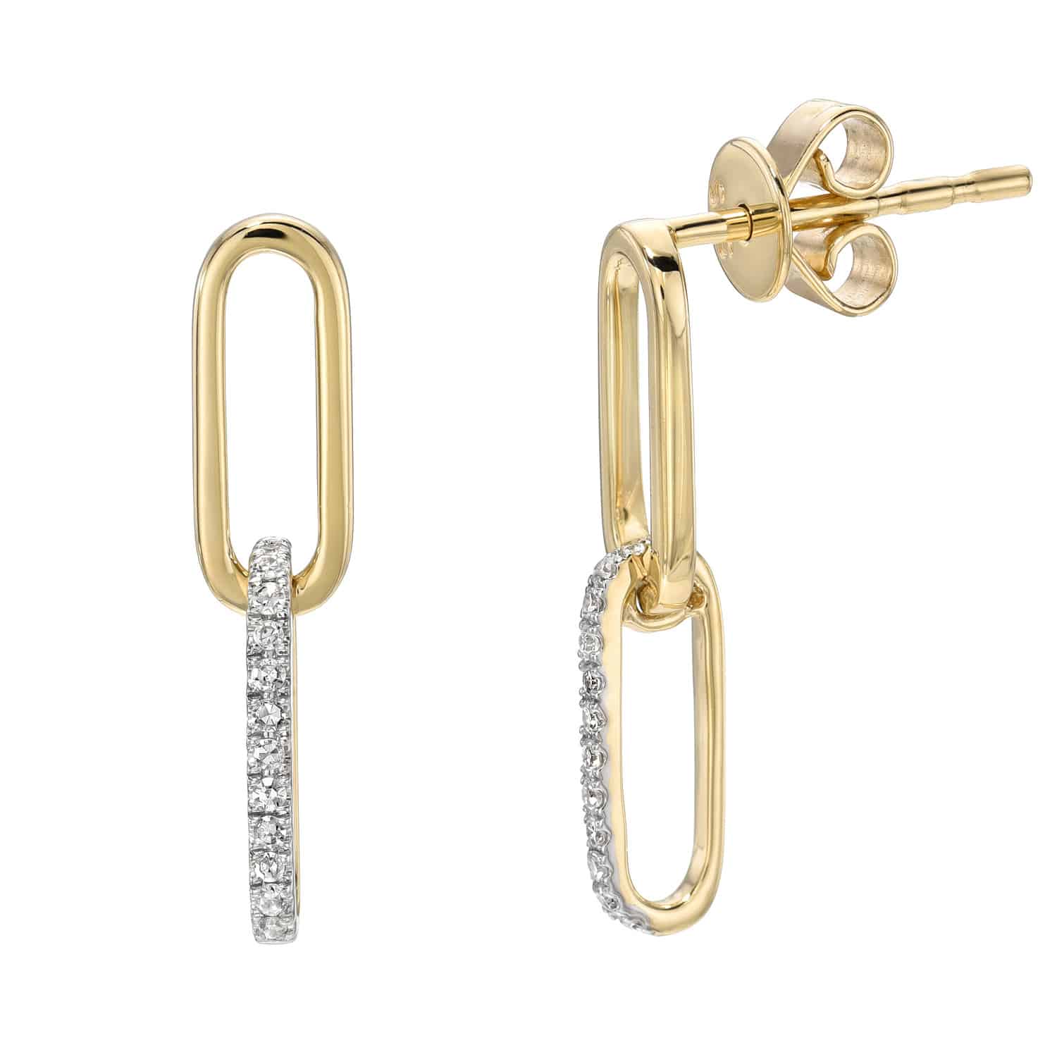 The Diamond Emerson Earrings feature two gold drop earrings, each with two interlocking oval links—one in plain gold and the other half encrusted with small clear stones—displayed against a white background.