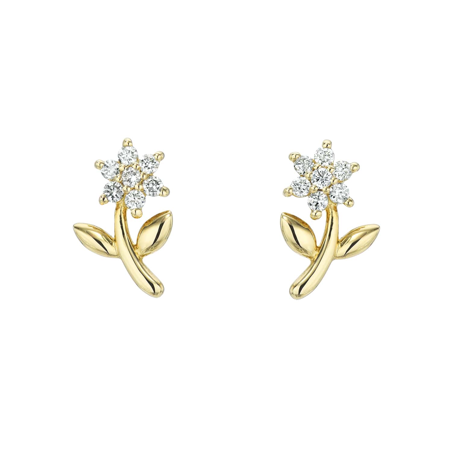 Explore the elegance of Janet Heller Fine Jewelrys Diamond Flower & Stem Studs: gold earrings shaped like flowers, featuring diamond petals, a stem, and two gold leaves for a delicate charm perfect for any occasion.