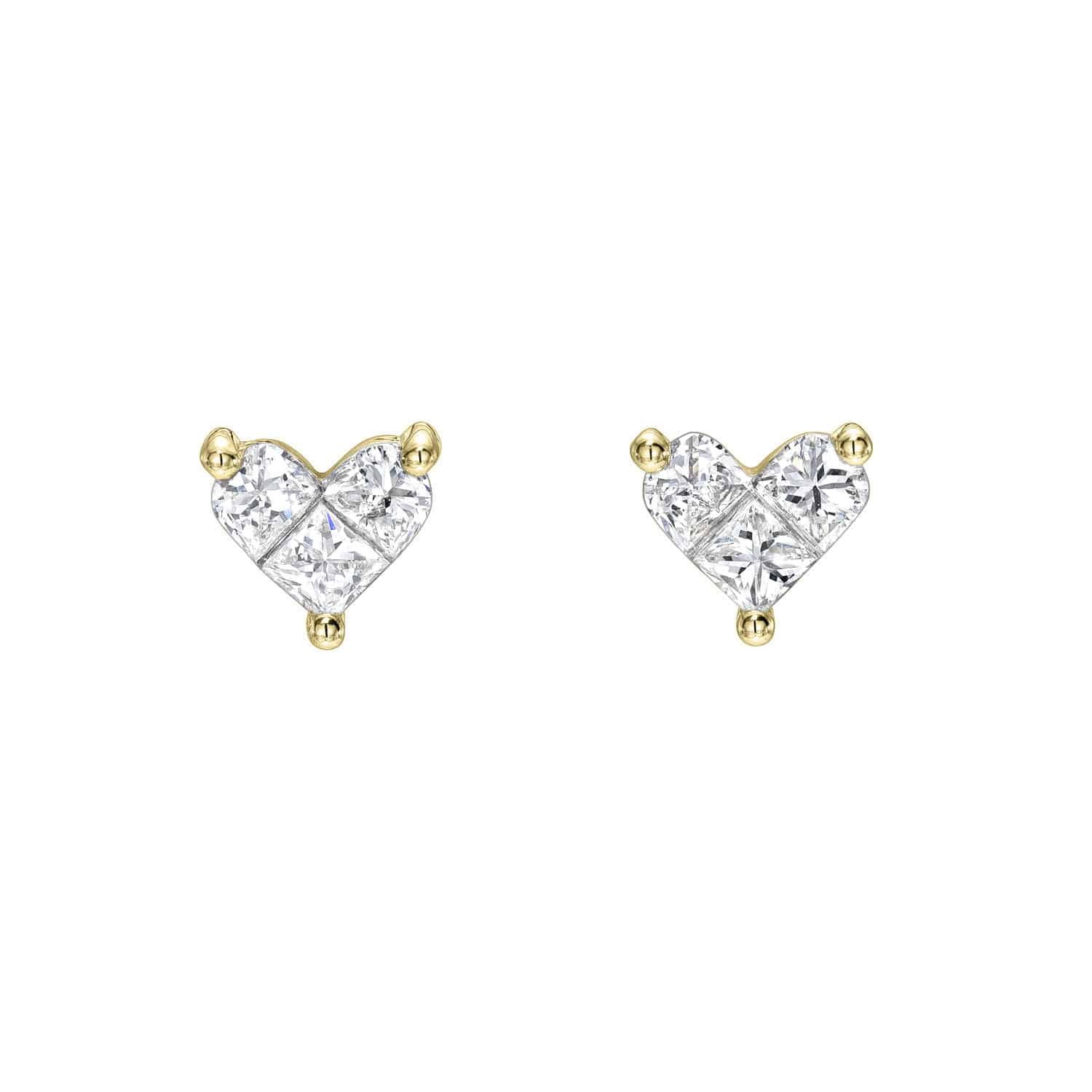 The Diamond Heart Clementine Studs by Janet Heller Fine Jewelry boast four clear, sparkling gems arranged in a grid and set in a gold prong setting, offering a delicate and elegant design. Ideal for those interested in customizations or with product inquiries.