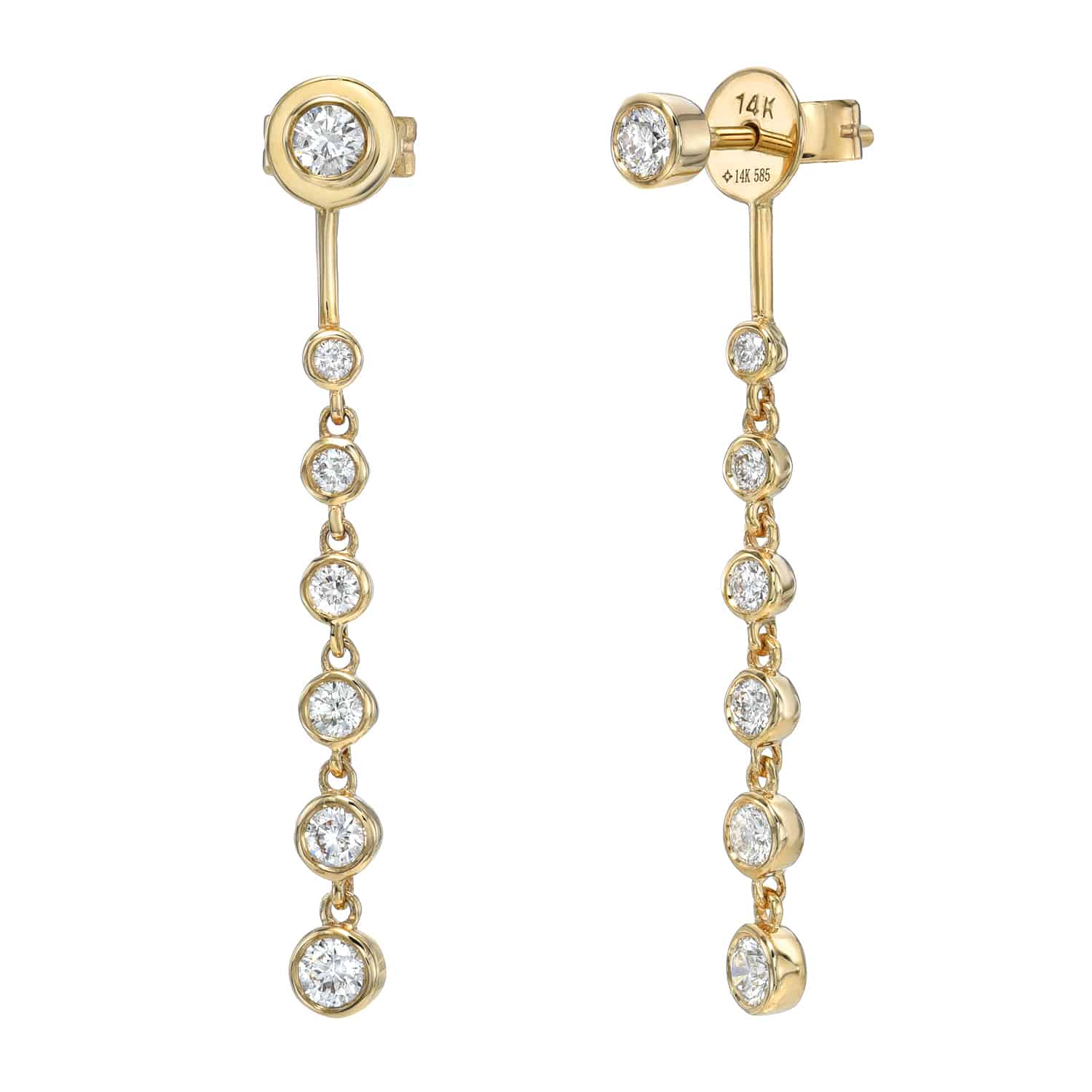 Discover the artistry of Janet Heller Fine Jewelry with the Diamond Jacket Drop Earrings—an elegant pair of 14K gold drop earrings featuring a graduated design with seven bezel-set round diamonds on each earring. For jewelry inquiries or to explore custom options, connect with us today.
