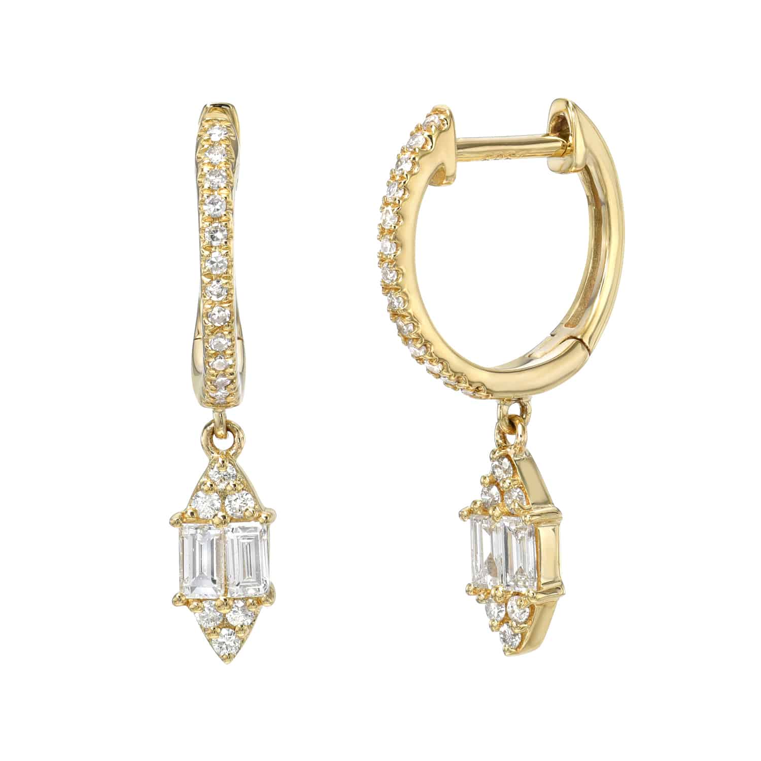 Introducing the Diamond Jolie Huggies: exquisite gold earrings with finely crafted small diamonds on hoops and elegant square-shaped diamond pendants. Designed with a hinged clasp, they invite customization inquiries to match your unique style.
