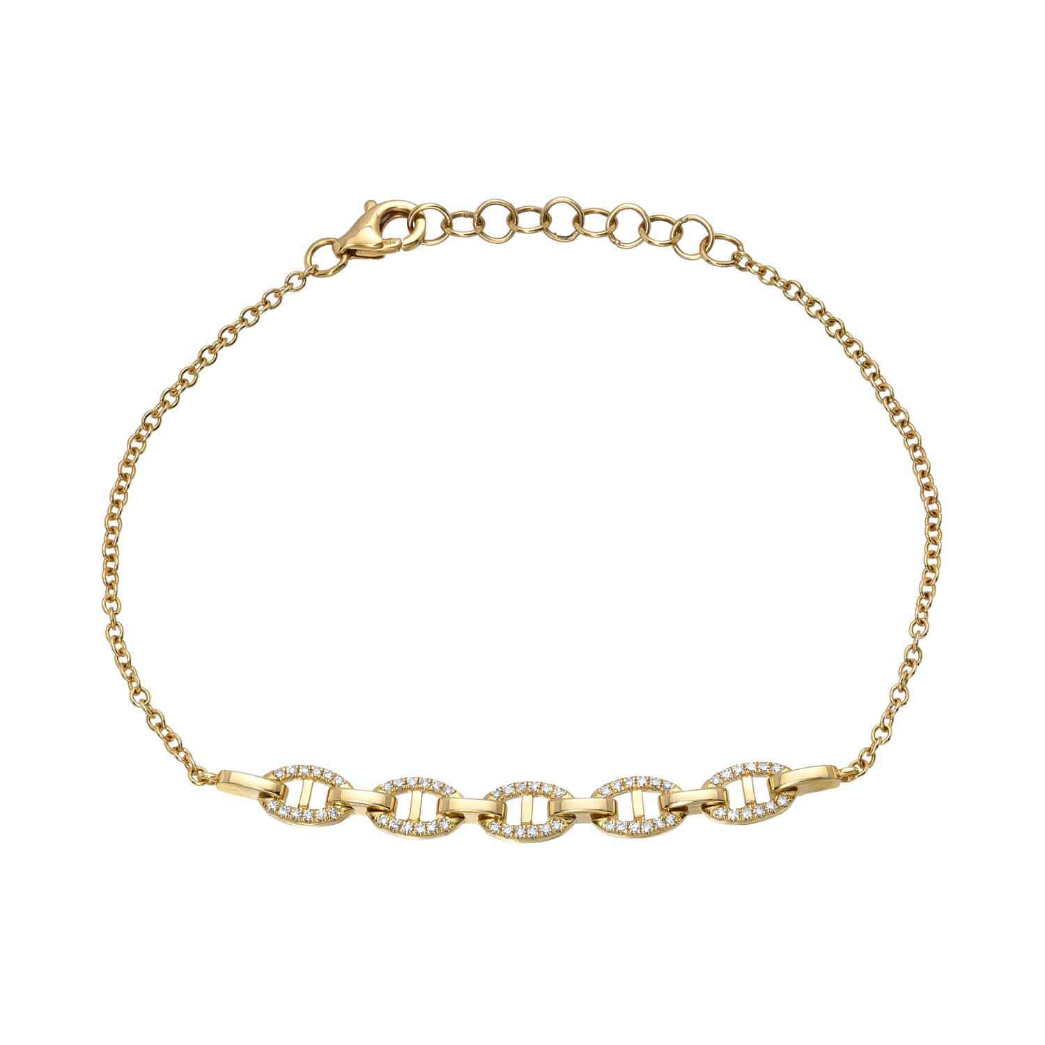 The Diamond Julianna Bracelet from Janet Heller Fine Jewelry is crafted in 14KT gold.  The bracelet features a chain design with five oval links adorned with diamonds, connected to a clasp with an adjustable chain extender.  The bracelet can be worn alone or layered with other bracelets.