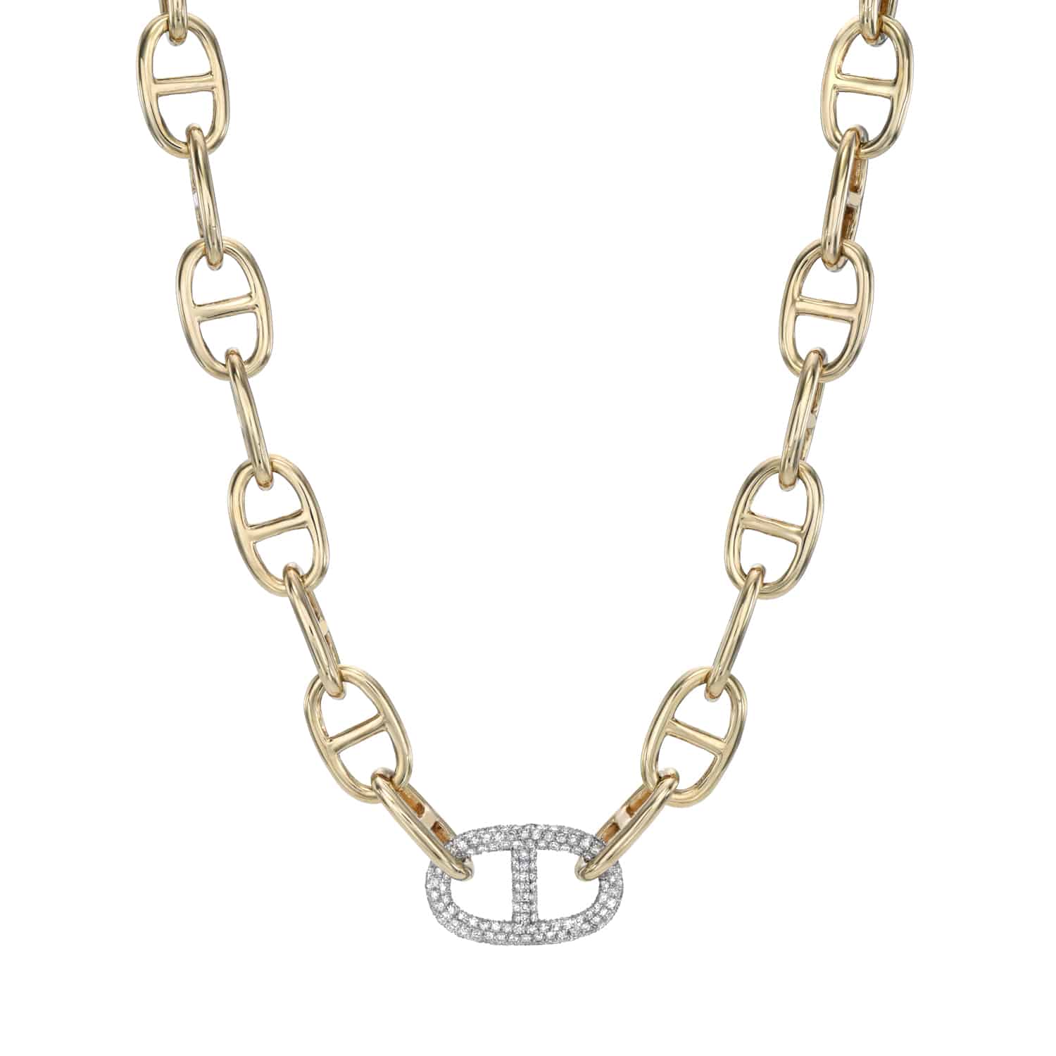The Diamond Juliette Necklace from Janet Heller Fine Jewelry showcases elongated oval gold links and a single silver link, adorned with small gemstones at its center, elegantly set against a white background.
