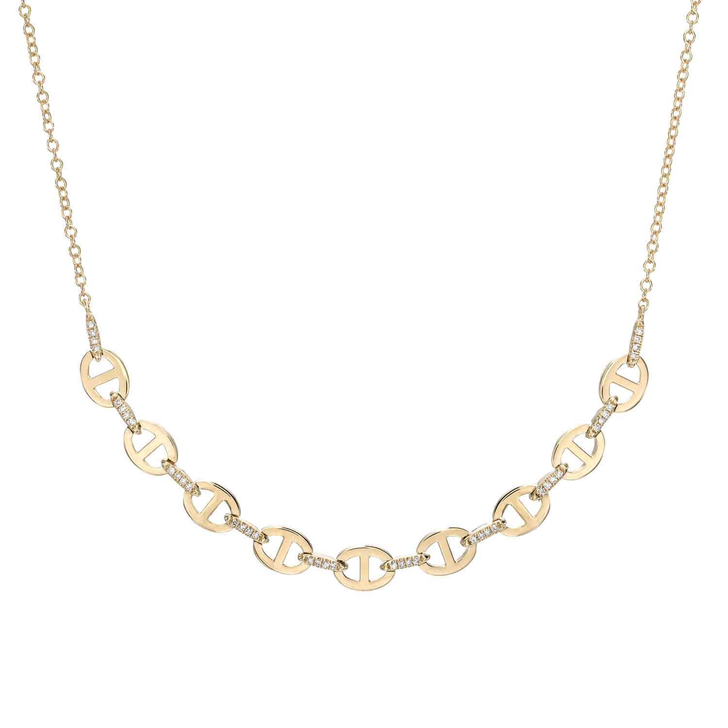 Discover the elegance of Janet Heller Fine Jewelry with the Diamond Kaia Necklace. This gold piece features interlocking circular links with a subtle pattern, each link is separated by small diamond-encrusted sections, creating a symmetrical masterpiece of timeless luxury.