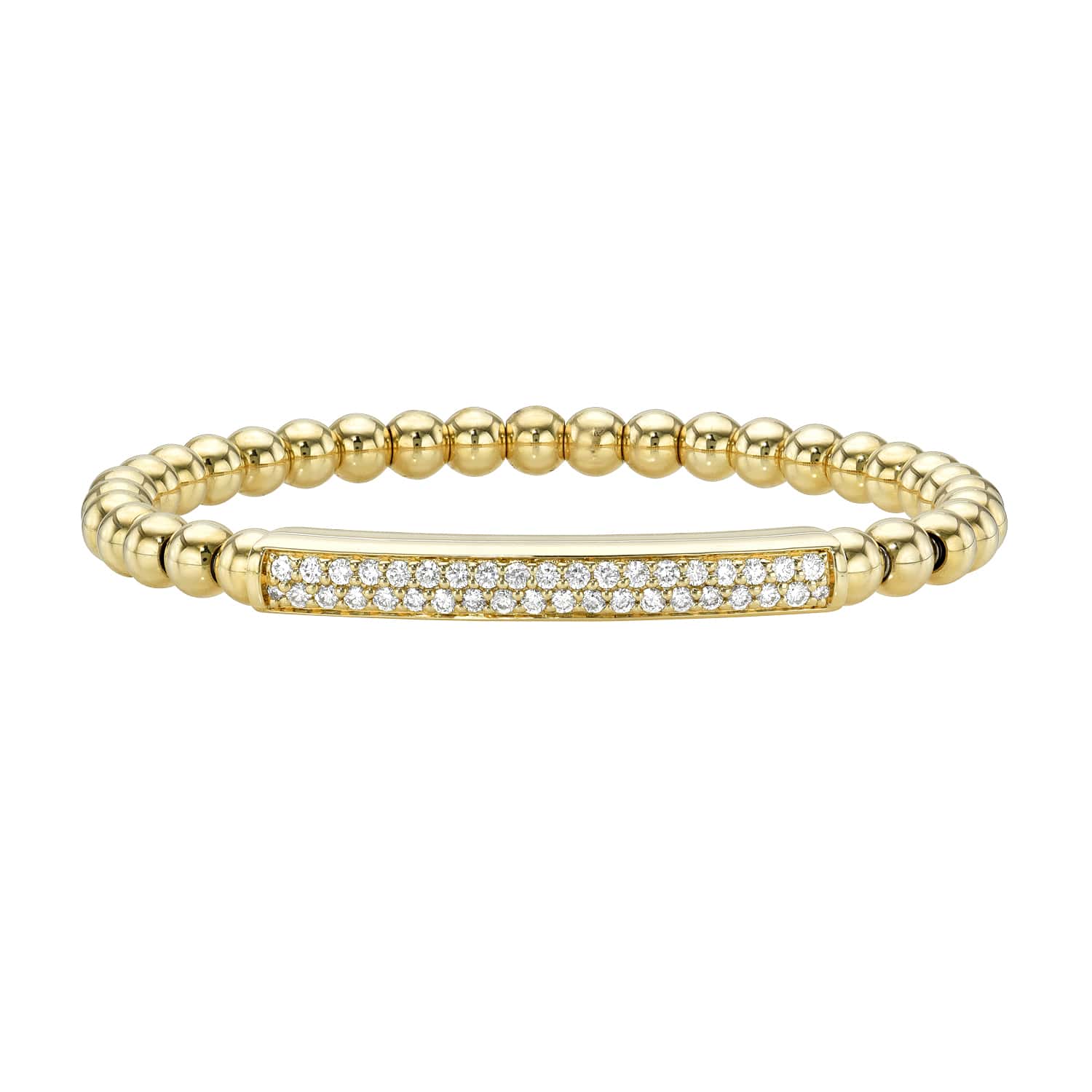 The Diamond Lennon Stretchy Bracelet from Janet Heller Fine Jewelry is crafted in 14KT gold. The bracelet showcases a gold beaded design with a rectangular centerpiece adorned with diamonds. The bracelet can be worn alone or layered with other bracelets.