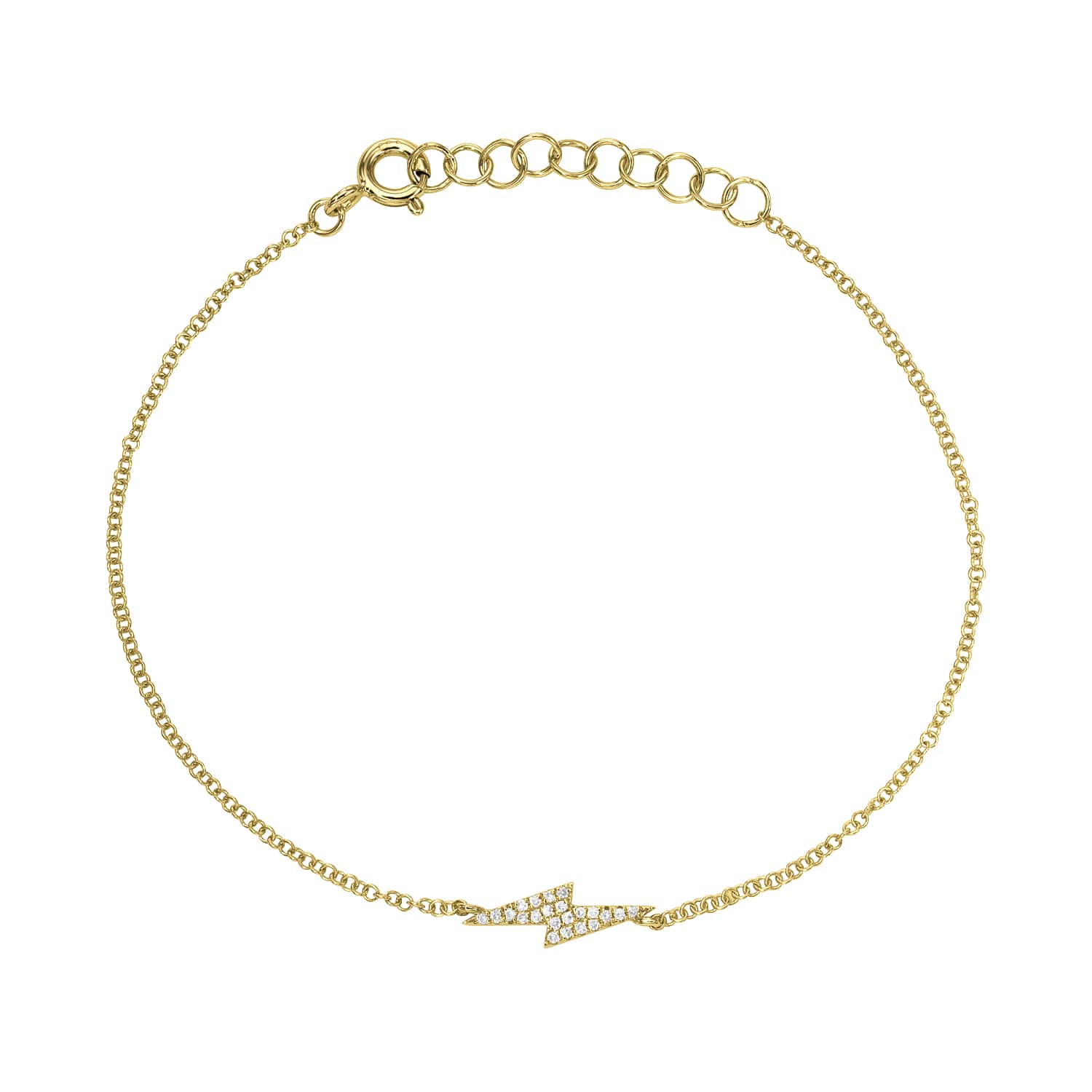 Diamond Lightning Bolt Bracelet: A delicate gold chain bracelet featuring a small lightning bolt charm adorned with shimmering diamonds, complete with an adjustable clasp and extender links. For jewelry inquiries or to explore custom options, discover the elegance of Janet Heller Fine Jewelry.