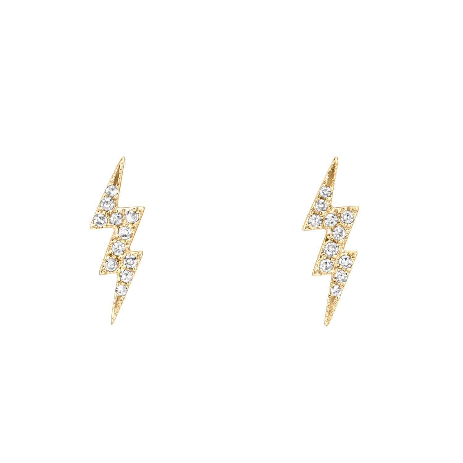 Gold lightning bolt-shaped earrings with small clear gemstones, set against a white backdrop. For jewelry customization or inquiries, visit janethellerfinejewelry and explore the Diamond Lightning Bolt Studs collection.
