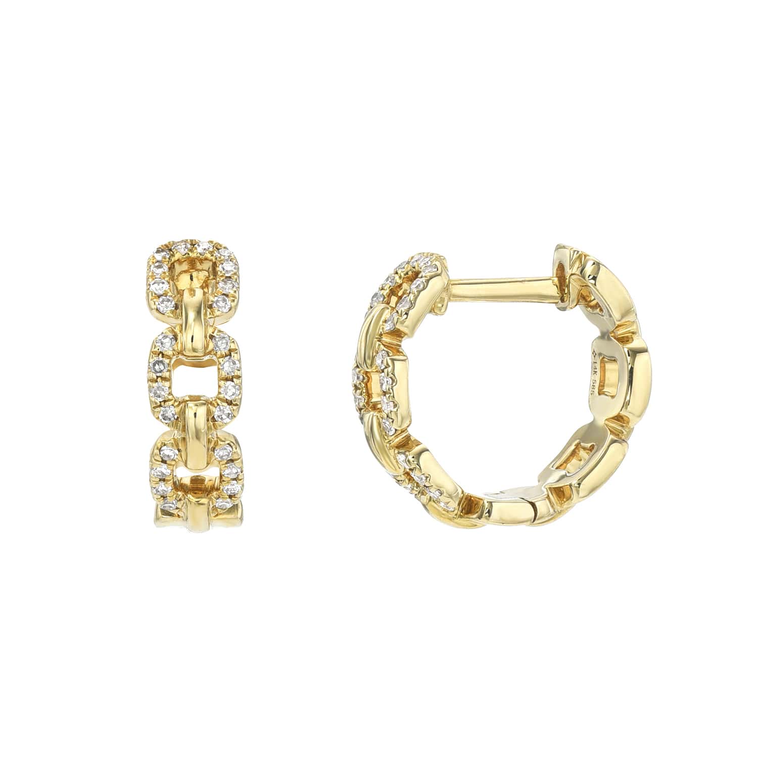 The Diamond Link Camilia Hoops by janethellerfinejewelry feature a chain-link design with small diamonds, shown from front and side views. Their polished finish shines against a white backdrop. For customizations or inquiries, contact our team.