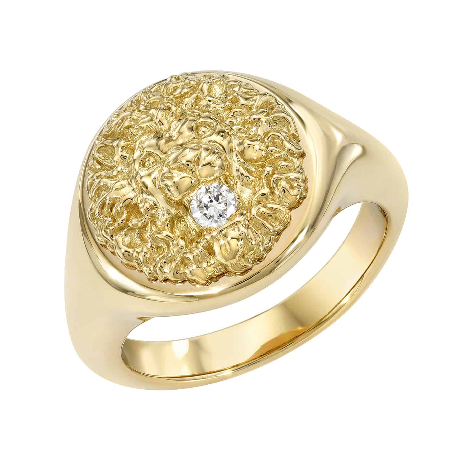 The Diamond Lion Ring from Janet Heller Fine Jewelry is crafted in 14KT gold. The band showcases a rounded top with a small diamond framed by the face and mane of a lion.