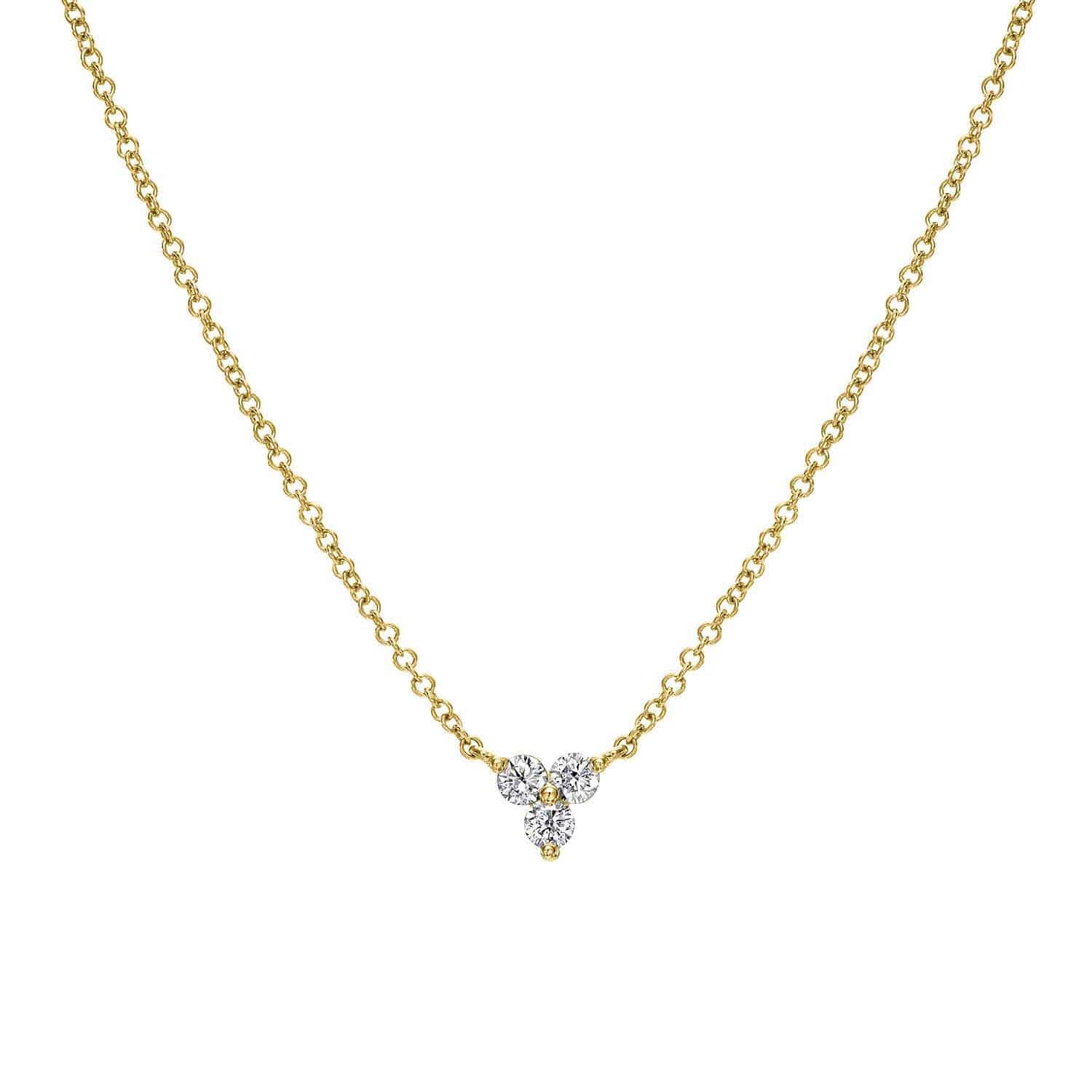 The Diamond Maisy Necklace features a gold chain and a pendant with three small, round diamonds in a triangular arrangement. This elegant, minimalist piece of fine jewelry offers customizations to uniquely suit your style.