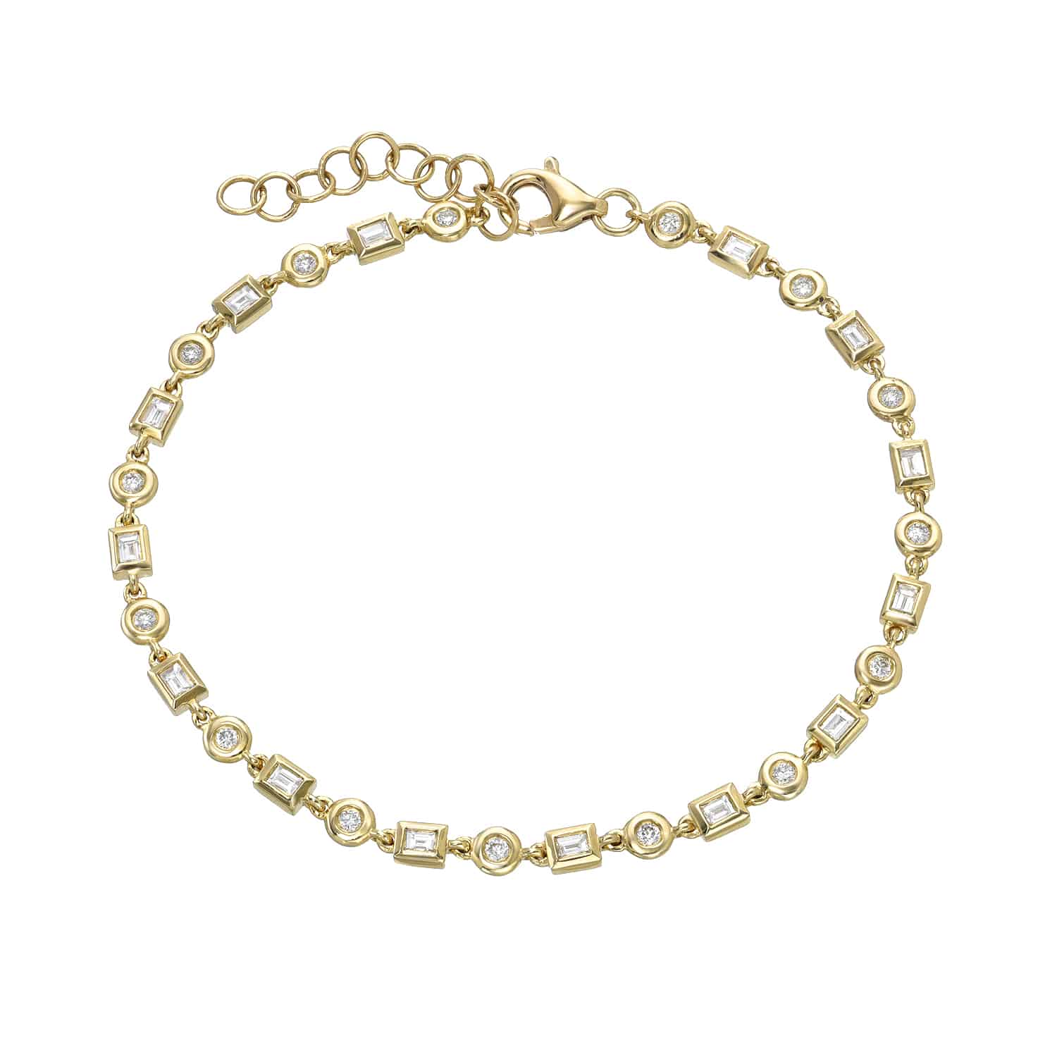 Explore our Diamond Nicolette Bracelet, a luxurious gold piece featuring alternating square and circular settings adorned with clear gemstones. Its adjustable chain with a lobster clasp ensures a perfect fit, making it an elegant addition to any collection.