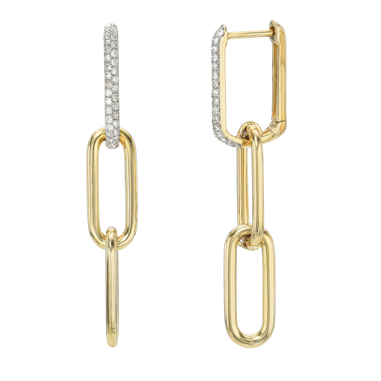 The Diamond Paperclip 3 Drop Earrings from Janet Heller Fine Jewelry is crafted in 14KT gold. The first link on the earrings feature diamonds followed by two plain gold links.
The earrings can be worn on their own or layered along the ear with other earrings.