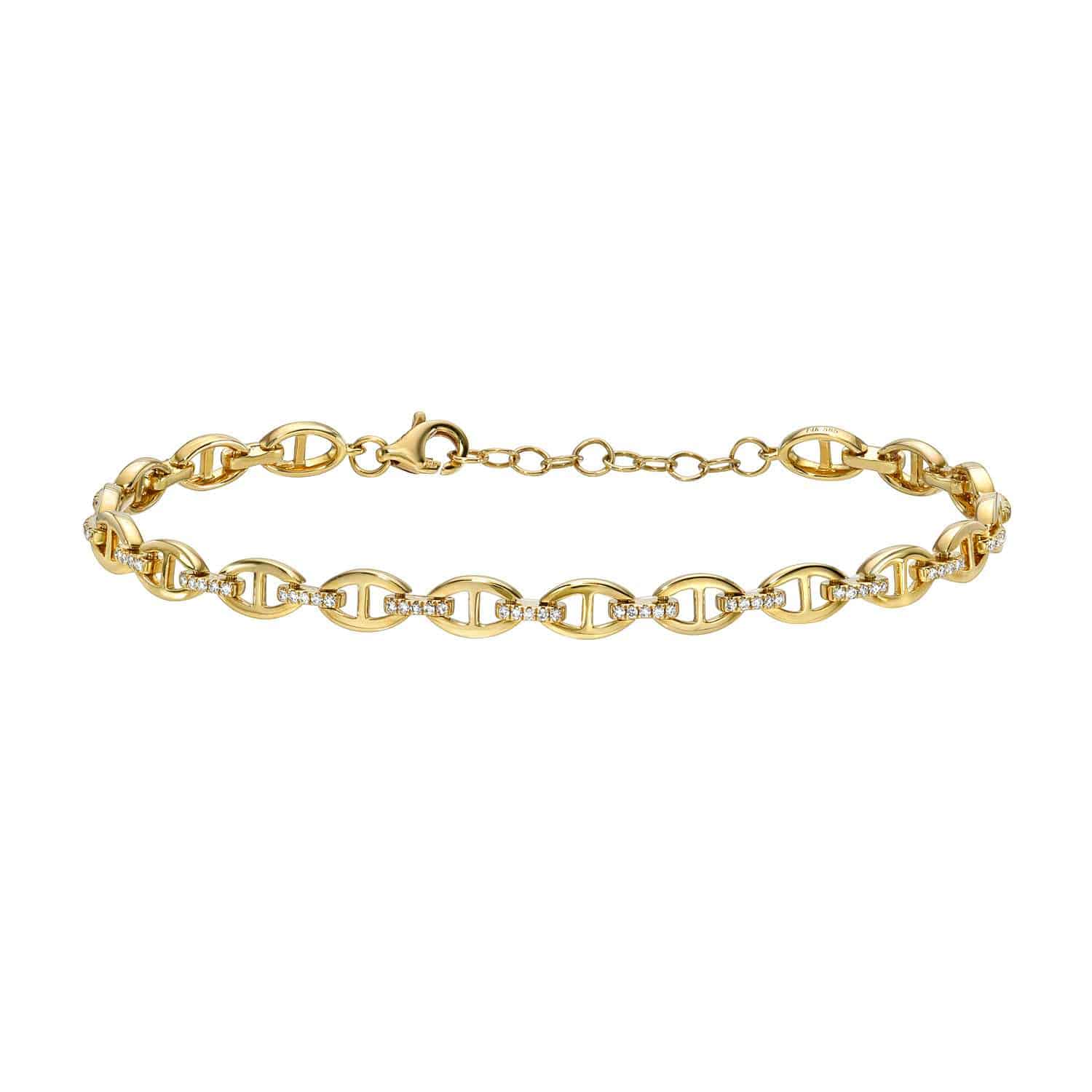 The Diamond Pheobe Bracelet is a gold chain with interlocking oval links and a lobster clasp, adorned with diamond-like accents for elegance and sparkle. Discover customization options to make it uniquely yours.