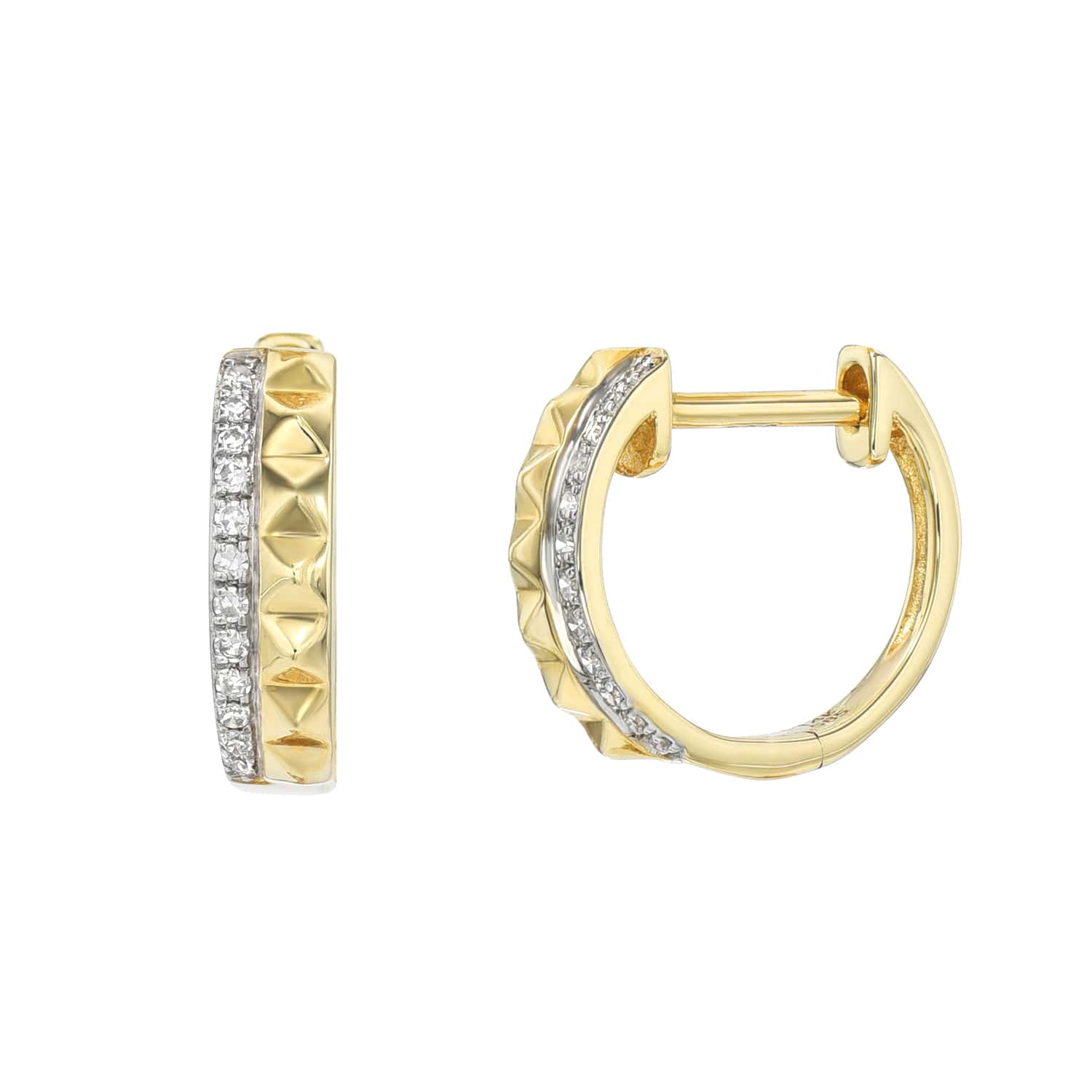 Explore the Diamond Pyramid Huggie Earrings from Janet Heller Fine Jewelry, featuring a textured gold finish and sparkling stones. The partially open design showcases an exquisite clasp. Contact us for customizations or inquiries to make these earrings uniquely yours.