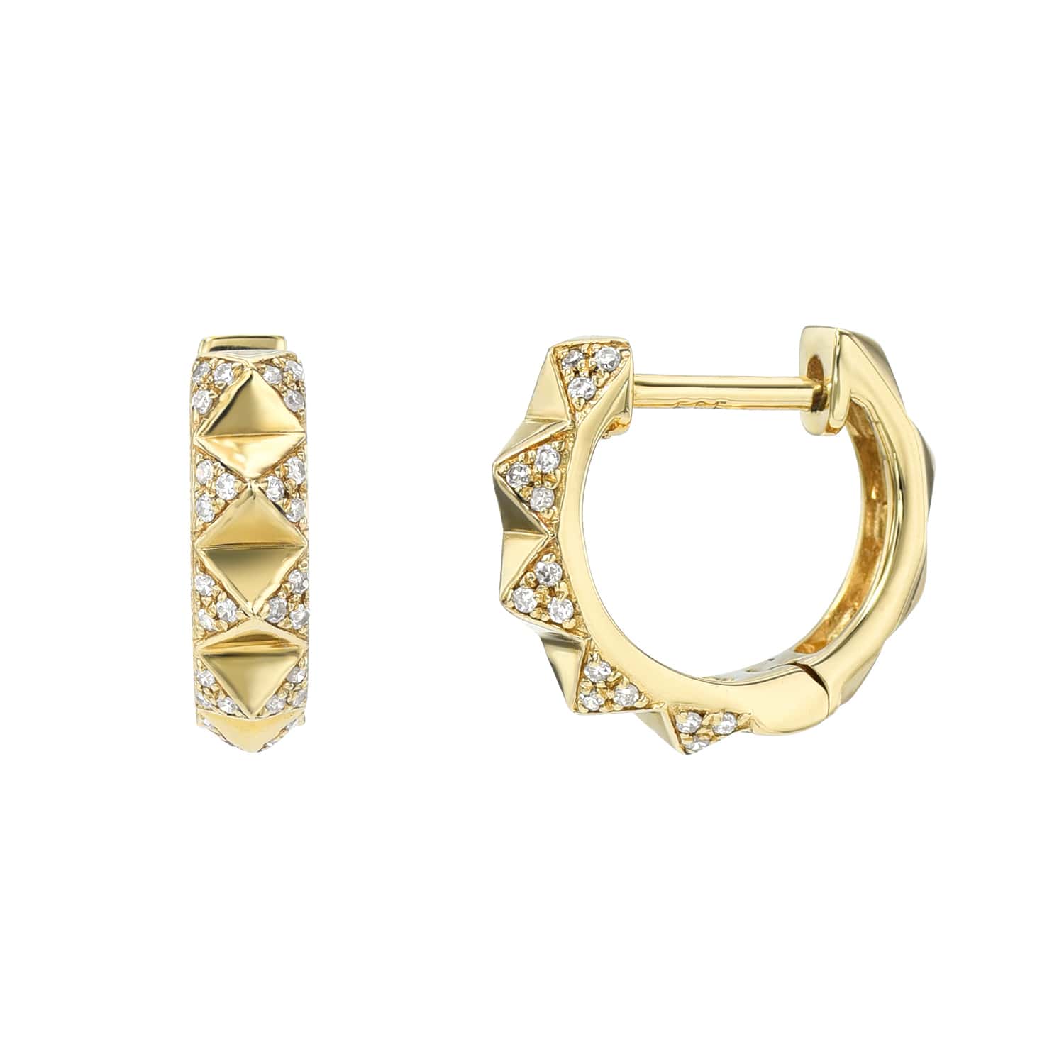 Diamond Pyramid Huggies are gold hoop earrings with a spiked design, each spike adorned with small diamonds. Featuring latch back closure and a polished finish, they epitomize fine jewelry elegance with luxurious customizations for a stylish look.