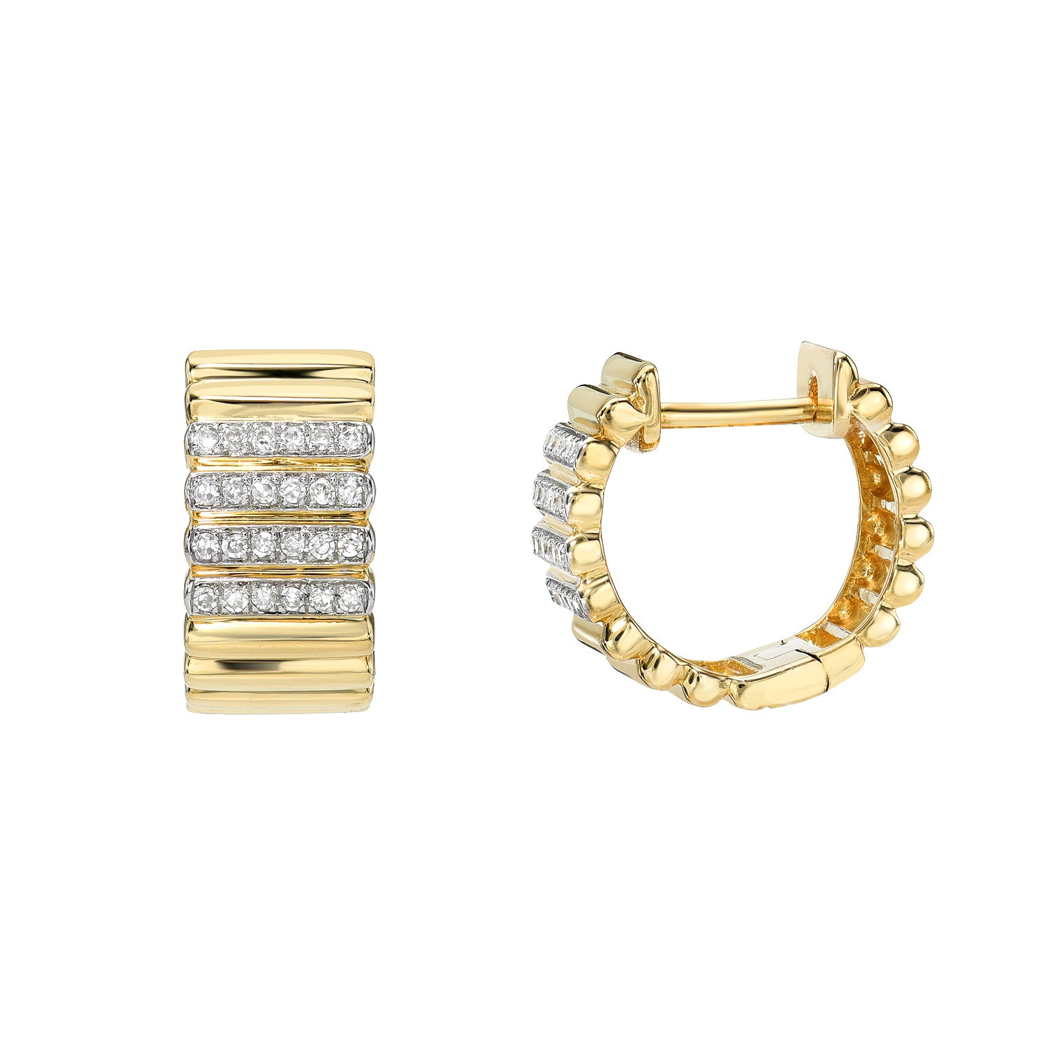 The Diamond Ridge Huggies from janethellerfinejewelry are gold hoop earrings featuring a ridged design with three parallel rows of small diamonds. One earring is shown face-on, the other side-on with an open clasp, offering customizations to enhance your personal style in fine jewelry.