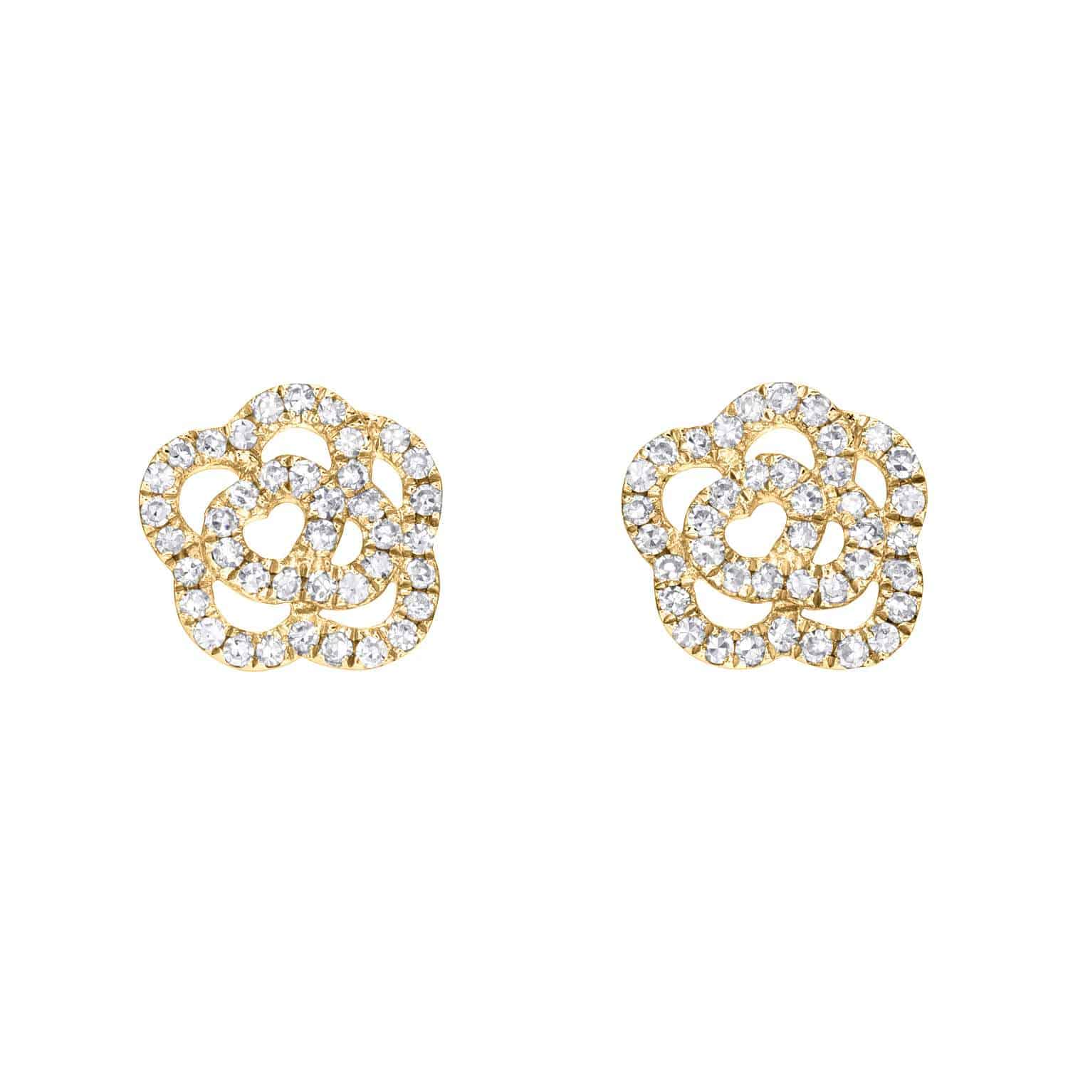 Diamond Rose Studs, priced at $600.00, feature a delicate openwork petal design adorned with small round diamonds—an exquisite custom jewelry creation from Janet Heller Fine Jewelry, showcased on a white background.