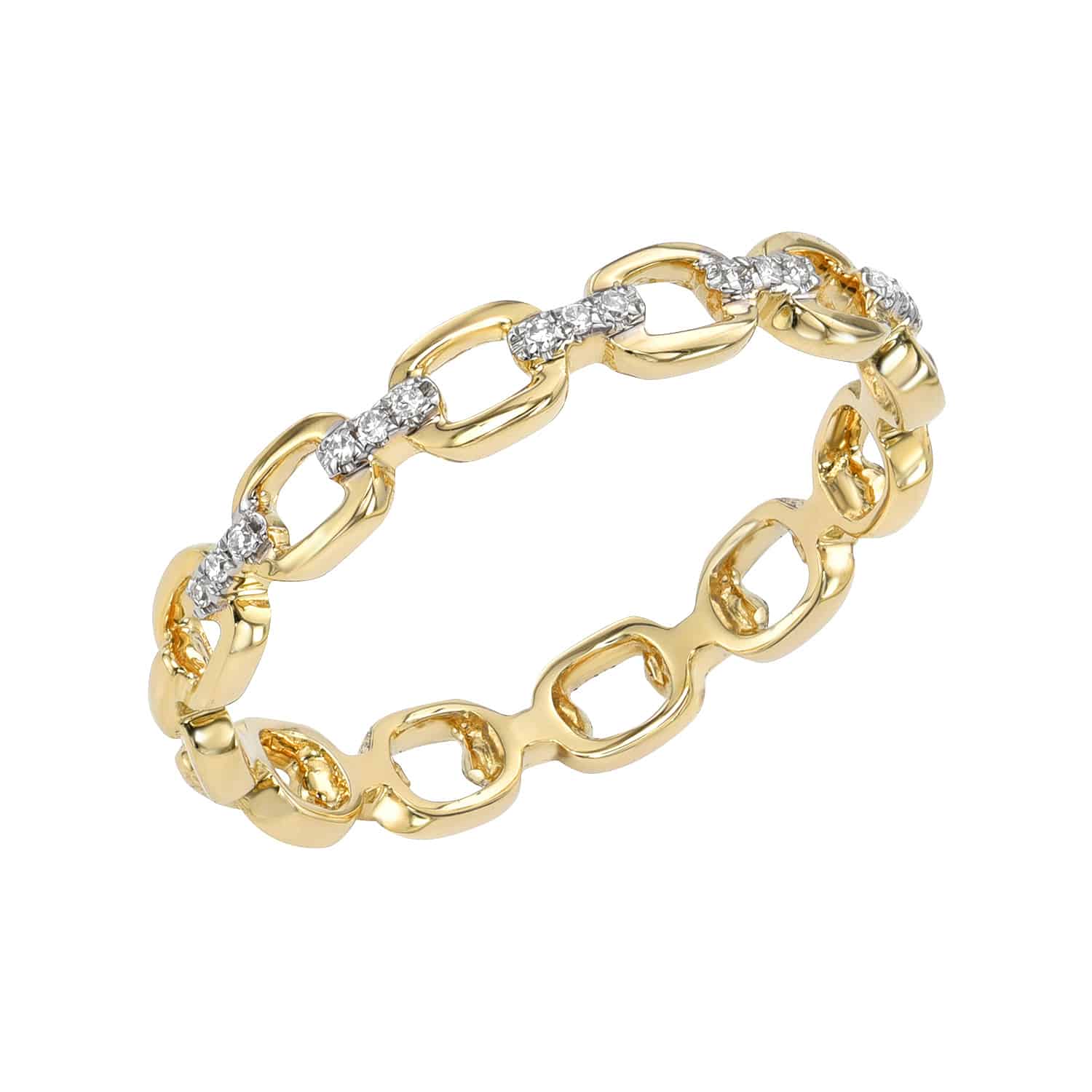 The Diamond Round Link Ring, featuring exquisite gold chain links adorned with select small diamonds, blends elegance with sparkle. Its symmetrical interlocking design offers a modern yet classic appeal. Available for preorder, it epitomizes timeless sophistication.