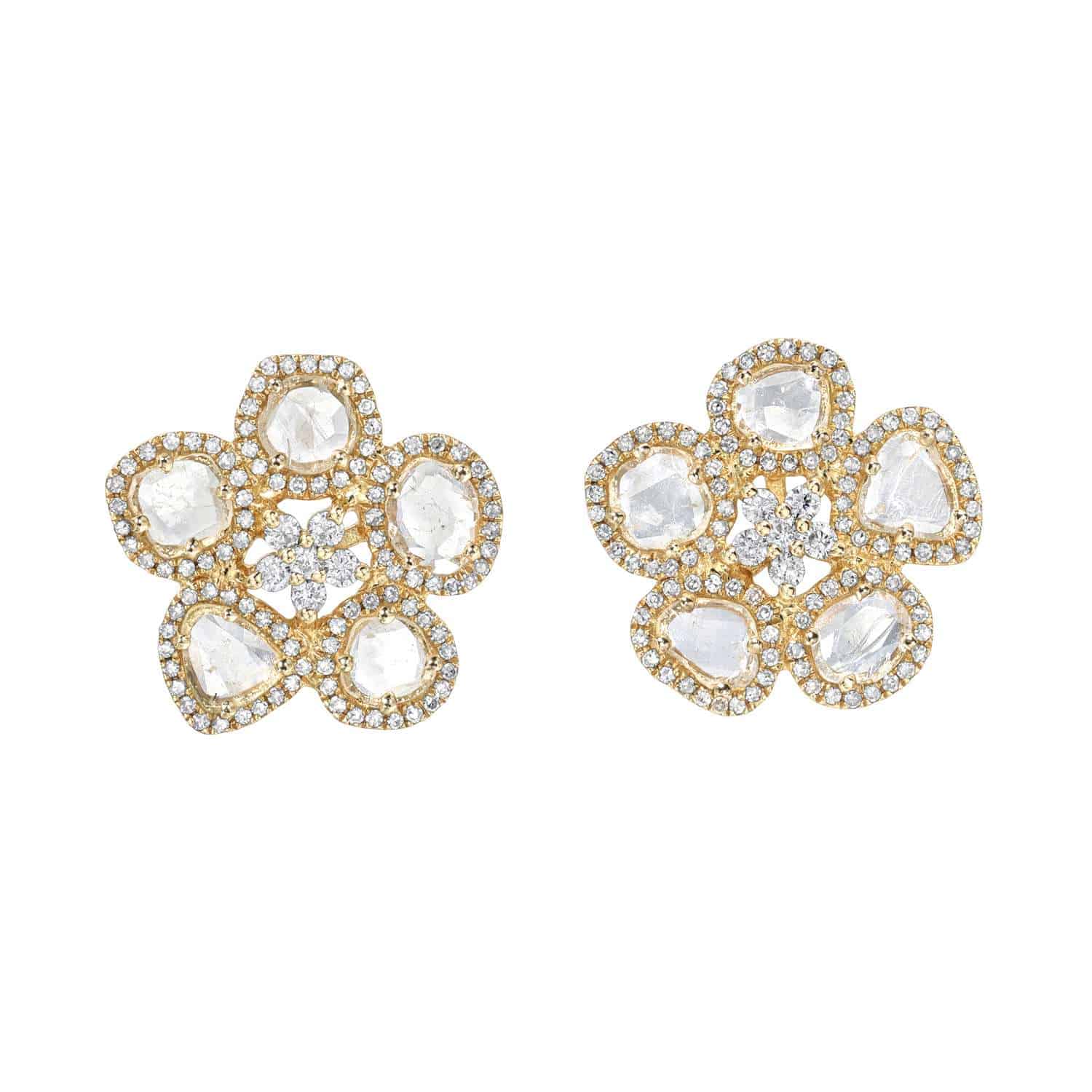 Diamond Slice Flower Studs with five gold petals, each outlined in small diamonds and accented with clear gemstones. A cluster of small diamonds sits at the center of each earring.