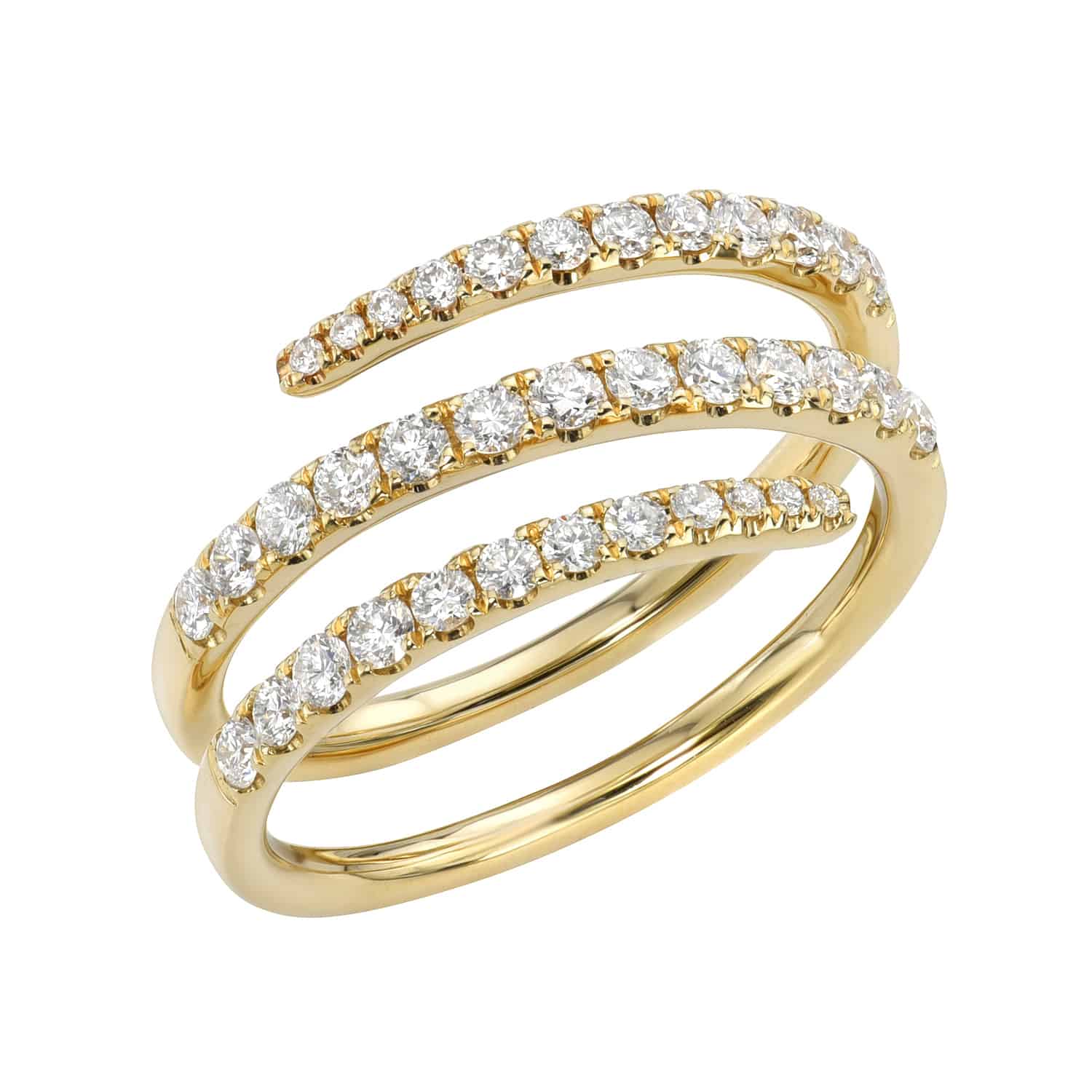 Preorder the Diamond Spiral Pinkie Ring by FoundryFineJewelry. This exquisite ring features three intertwined bands with sparkling diamonds, exuding elegance against a pristine white backdrop.