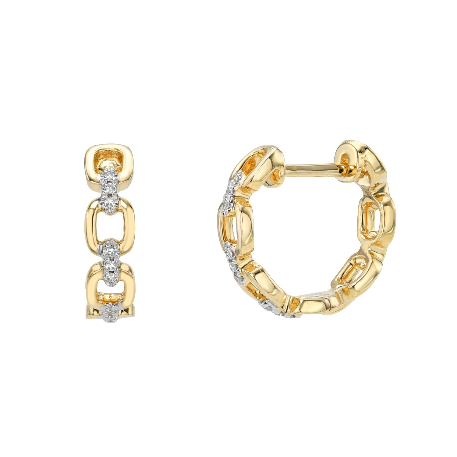 The Diamond Square Link Huggies exemplify exquisite jewelry craftsmanship with their gold hoop chain-link design and small diamond adornments. Displayed with one facing forward and one in side profile, they highlight intricate details. Explore more at janethellerfinejewelry.com.