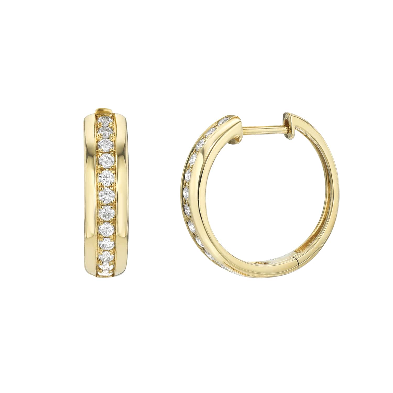 The Diamond Sutton Hoops from Janet Heller Fine Jewelry are crafted in 14KT gold. The hoops showcase a central row of small embedded diamonds framed by two plain gold bands on either side. The earrings can be worn alone or layered along the ear with other earrings.