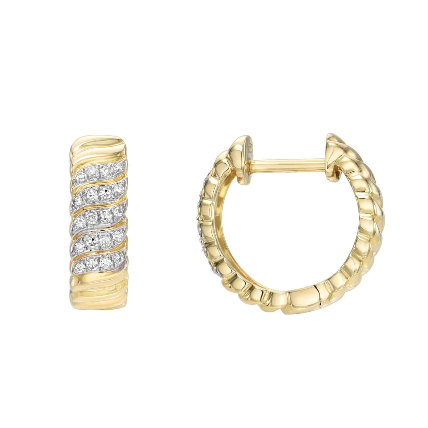 Explore Janet Heller Fine Jewelrys craftsmanship with the Diamond Swirl Huggies. One earring features wavy rows of sparkling stones; the other highlights a sleek circular shape with a latch closure. For customizations, contact inquiries are welcome.