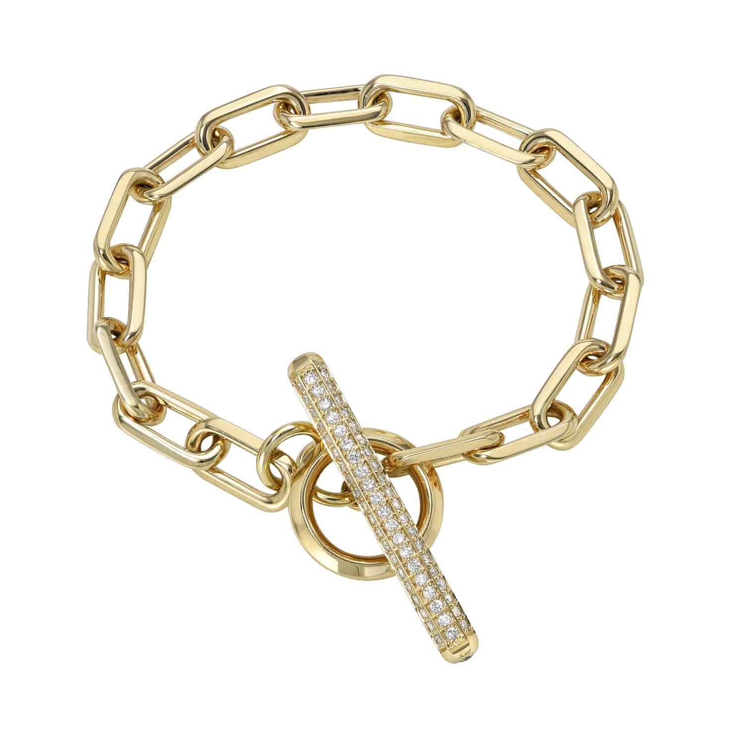 The Diamond Toggle Link Bracelet, a highlight of our collection, features an elegant elongated link design with a toggle clasp embellished with shimmering stones. Customize this exquisite gold chain bracelet to make it uniquely yours.