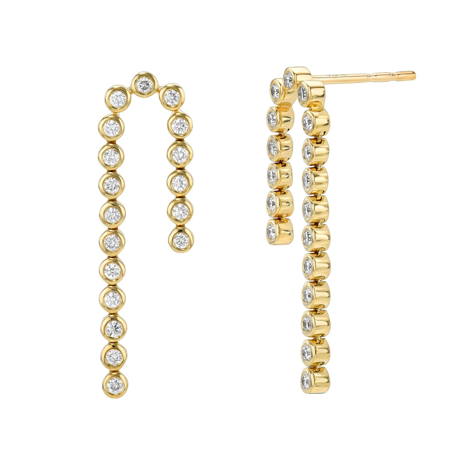 Discover Janet Heller Fine Jewelrys Diamond Waterfall Drop Studs: gold earrings with linear design showcasing vertical and horizontal sections, each adorned with circular diamond-like stones set in gold bezels. Customizable for a unique touch, these elegant stud post earrings are a true masterpiece.