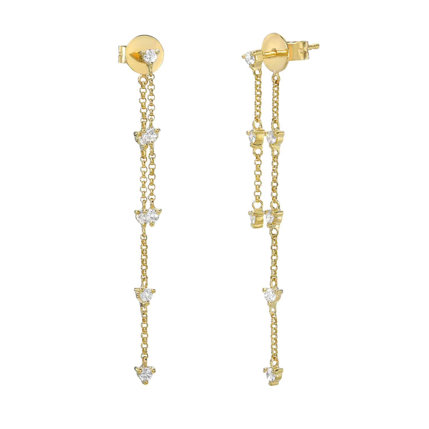 Diamond Waterfall Jacket Earrings from FoundryFineJewelry feature gold chain earrings with diamond-like stones hanging from small round studs, adorned with multiple stones along the chain for an elegant look against a white backdrop.