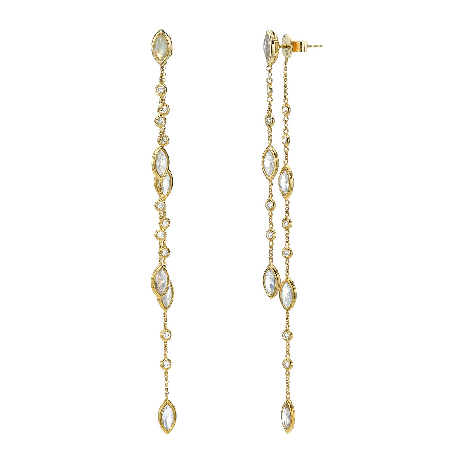The Diamond & Moonstone Dangle Earrings by FoundryFineJewelry feature gold drop earrings with a long chain of alternating marquise-cut and round clear gemstones in a vertical arrangement. They are elegantly symmetrical and offer post back closure customizations.