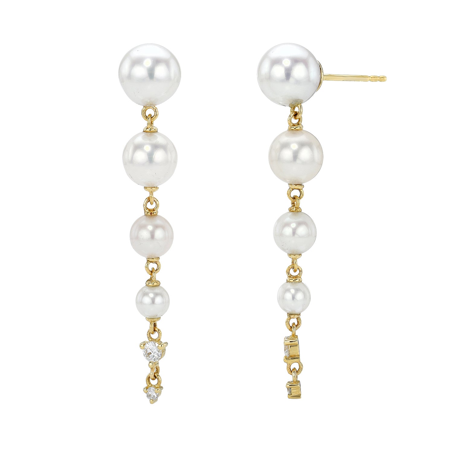 Explore Janet Heller Fine Jewelrys Diamond & Pearl Drop Earrings featuring graduated white pearls linked by gold, ending in diamond-like stones. For customizations or inquiries, view these elegant pieces showcased against a plain white background.