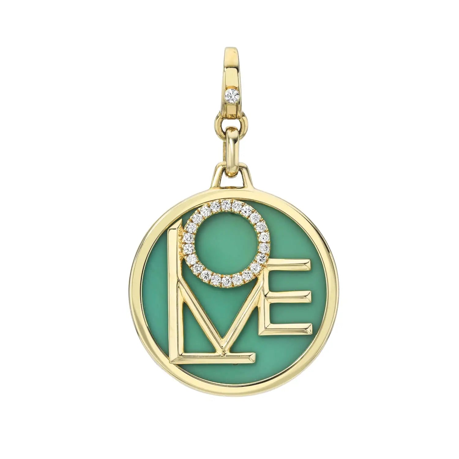 The Diamond and Chrysoprase Love Charm by Janet Heller Fine Jewelry is a gold pendant spelling LOVE with a diamond-studded O on a teal green chrysoprase circle. It has a clasp and loop attachment, ideal for your charm collection.