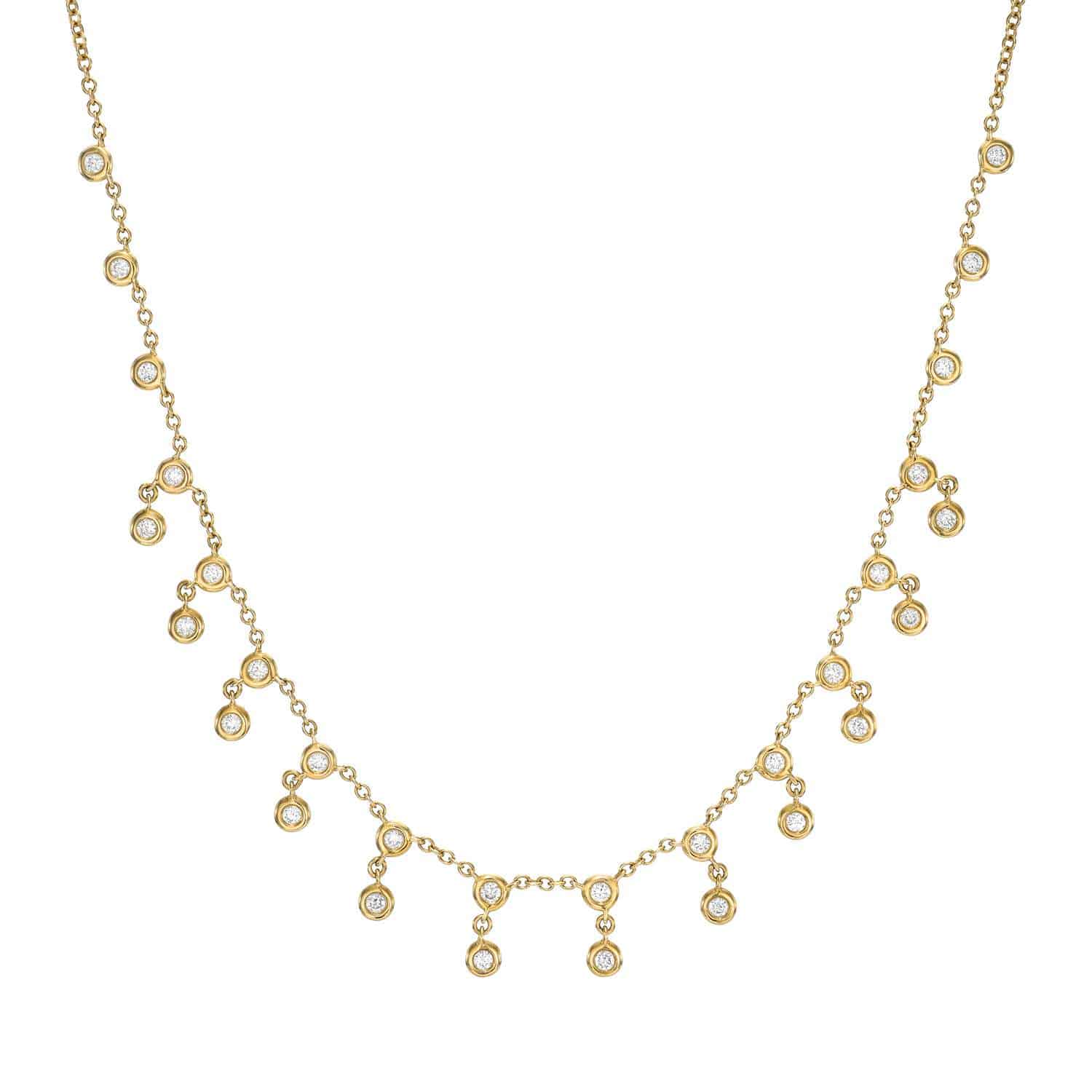 The Double Diamond Bezel Necklace (NEC-339-Y) features beautifully spaced bezel-set diamonds along a fine chain for a sparkling look. Priced at $2075. Contact us for inquiries or custom jewelry options.