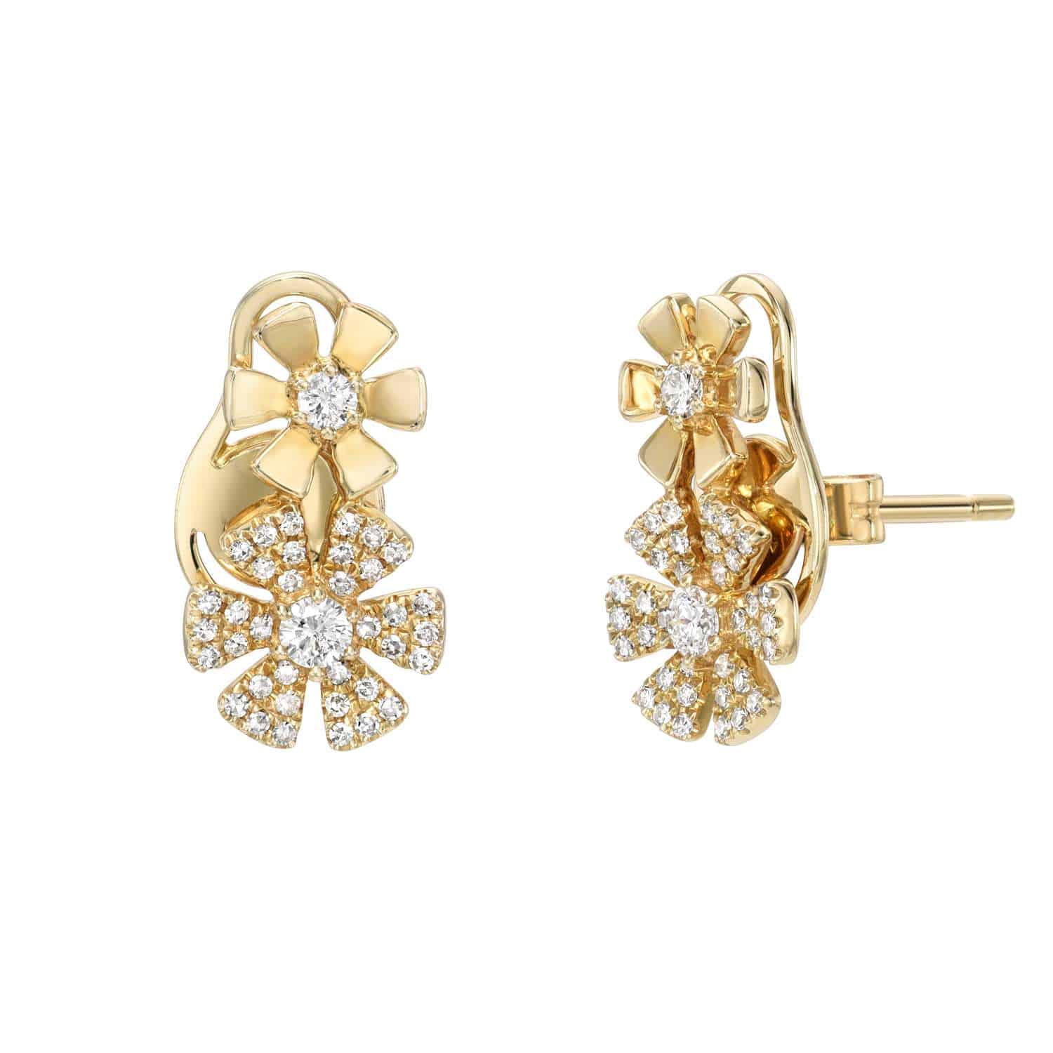 The Double Diamond Flower Earrings from Janet Heller Fine Jewelry are crafted in 14KT gold and feature a floral 
design.  Each flower petal is adorned with diamonds.  The studs can be worn on their own or layered along the ear with other earrings.