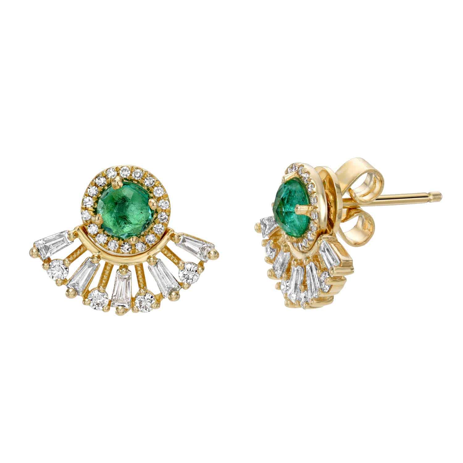 The Emerald & Diamond Fan Studs from Janet Heller Fine Jewelry feature a central round green gemstone, encircled by small white diamonds, with a fan-like design of tapered baguette diamonds at the bottom for a radiant, elegant style.
